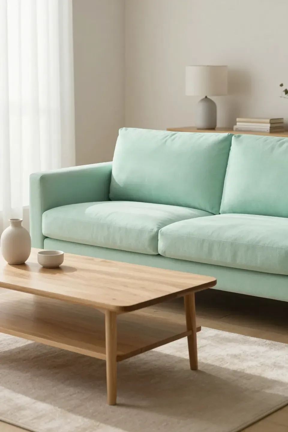 Mint green sofa with a light oak coffee table in a clean bright living room