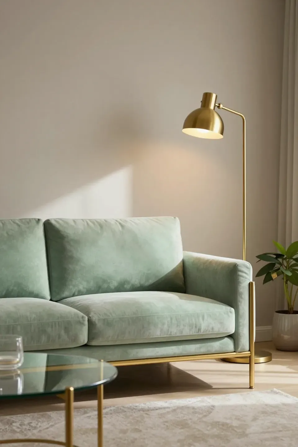 Light green couch paired with brass and glass decor in a refined modern living room