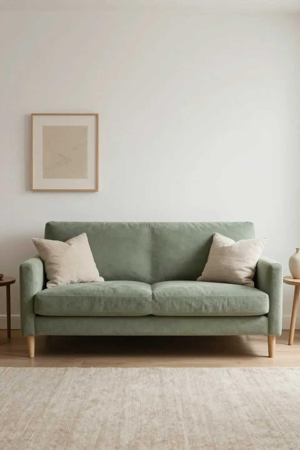 Sage green sofa centered against a warm white wall with soft natural lighting