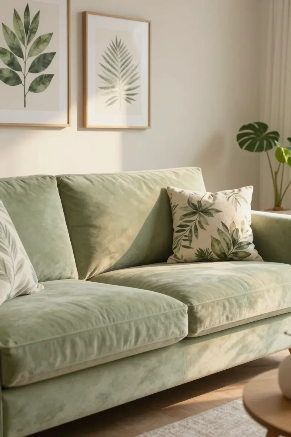 Pale green velvet sofa with botanical artwork above it in warm natural light
