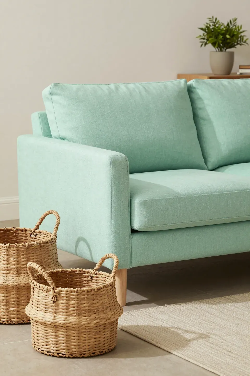 Mint green couch accented with woven storage baskets in a soft naturally lit living room