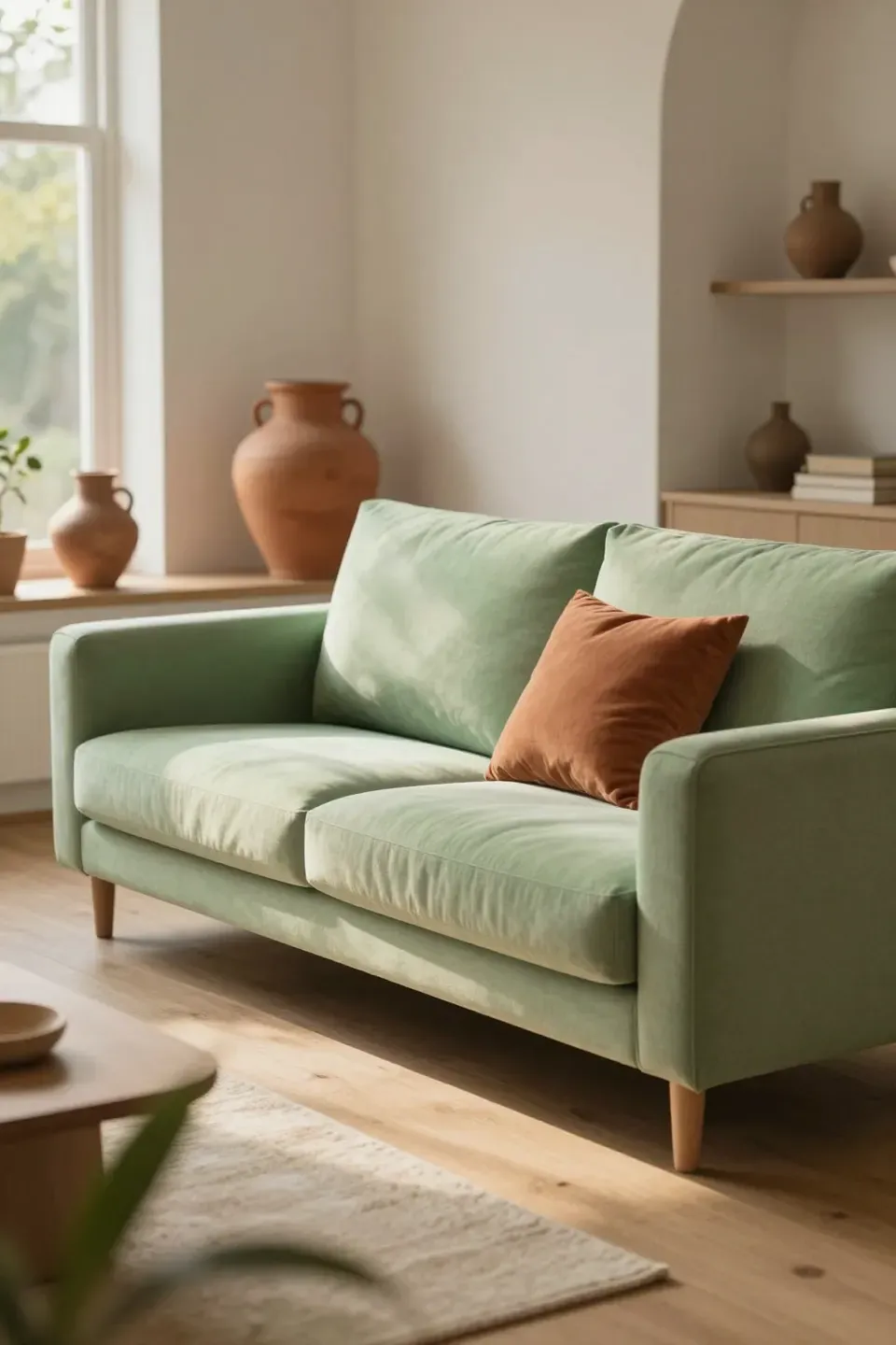 Light green sofa with terracotta accents in a softly sunlit living room.