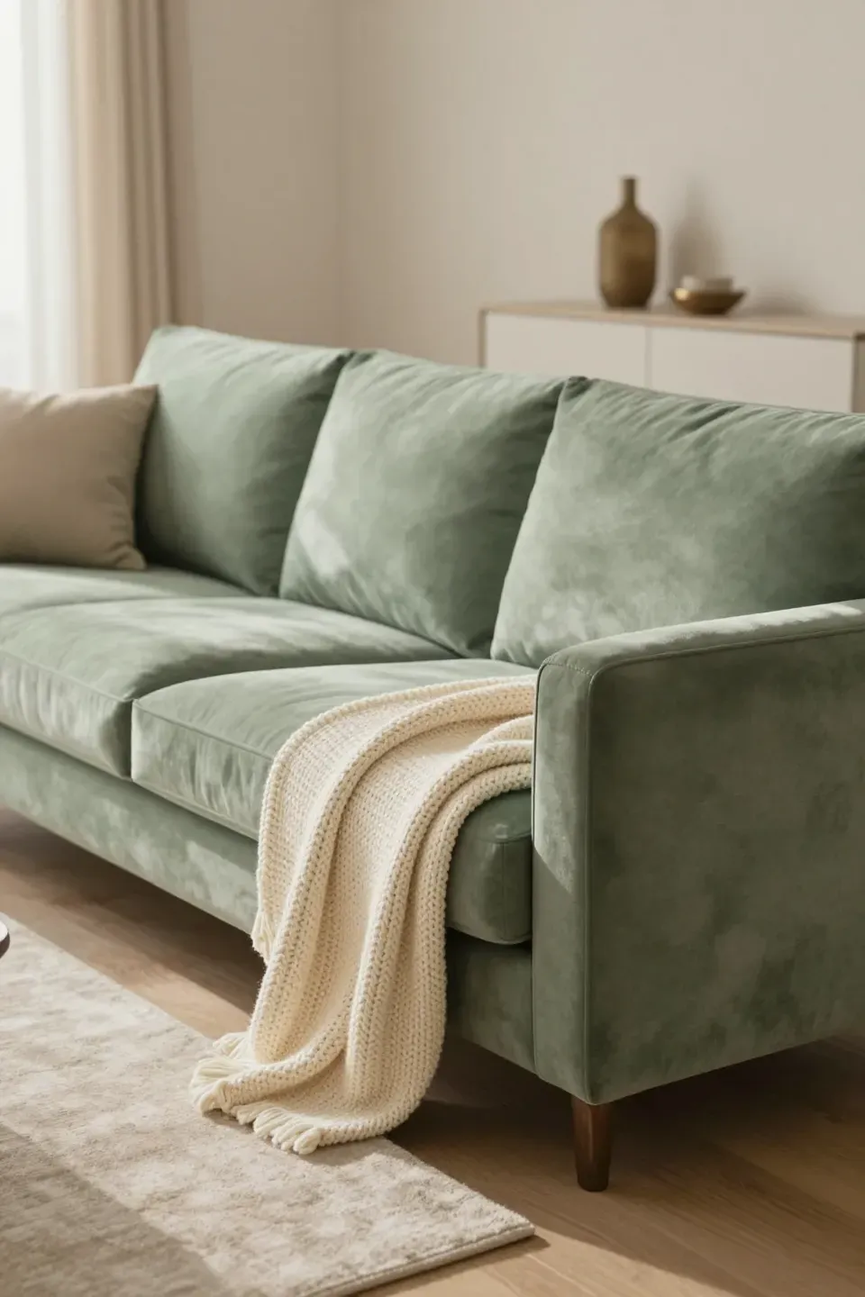Sage green sectional with a cream knit throw in a calm, softly lit living room.