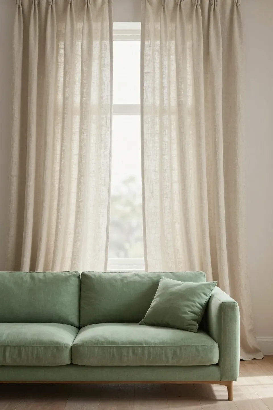 Light green sofa framed by tall neutral linen curtains in a calm living room.