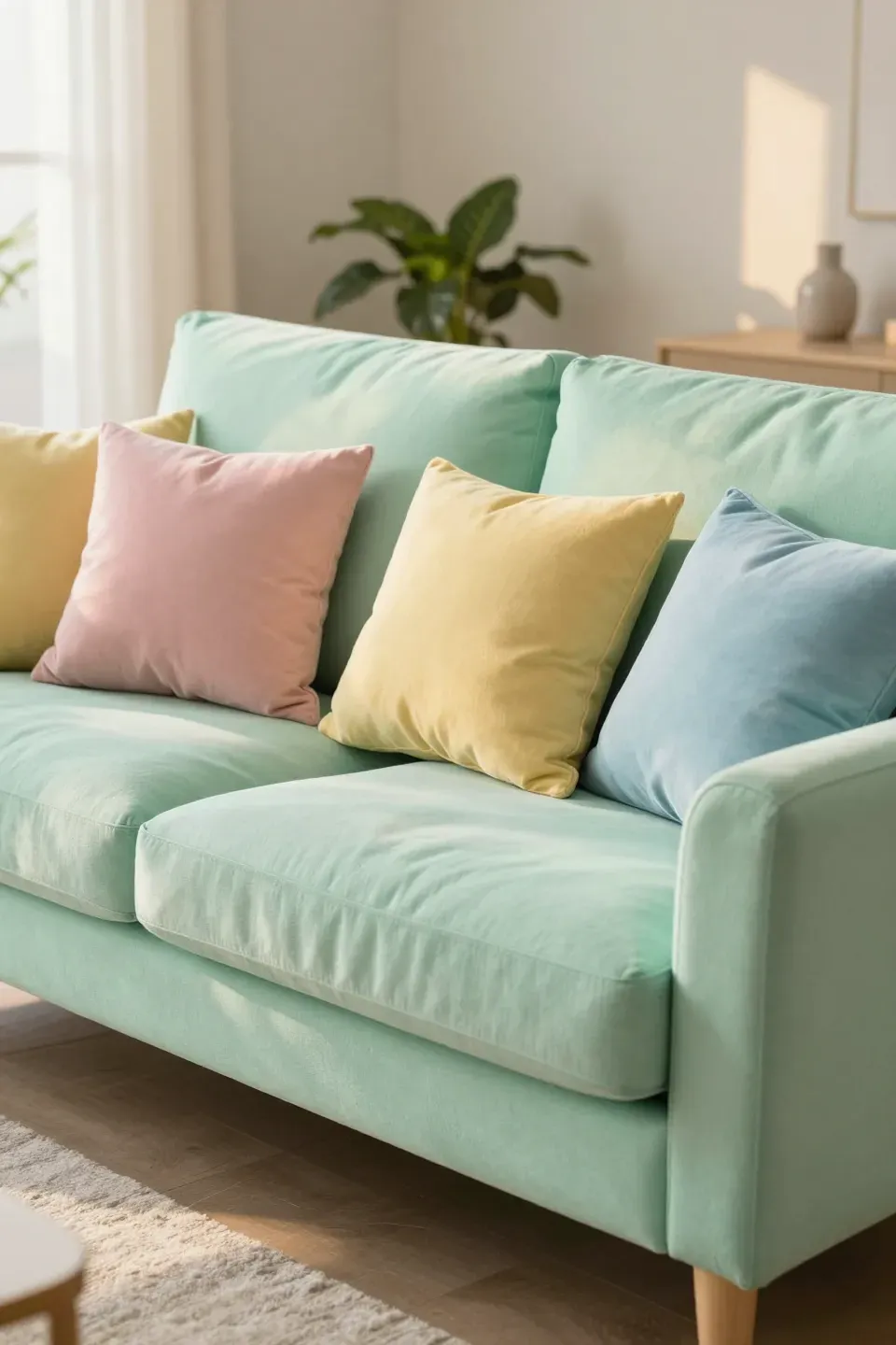 Mint green sofa decorated with soft pastel cushions in warm natural light.