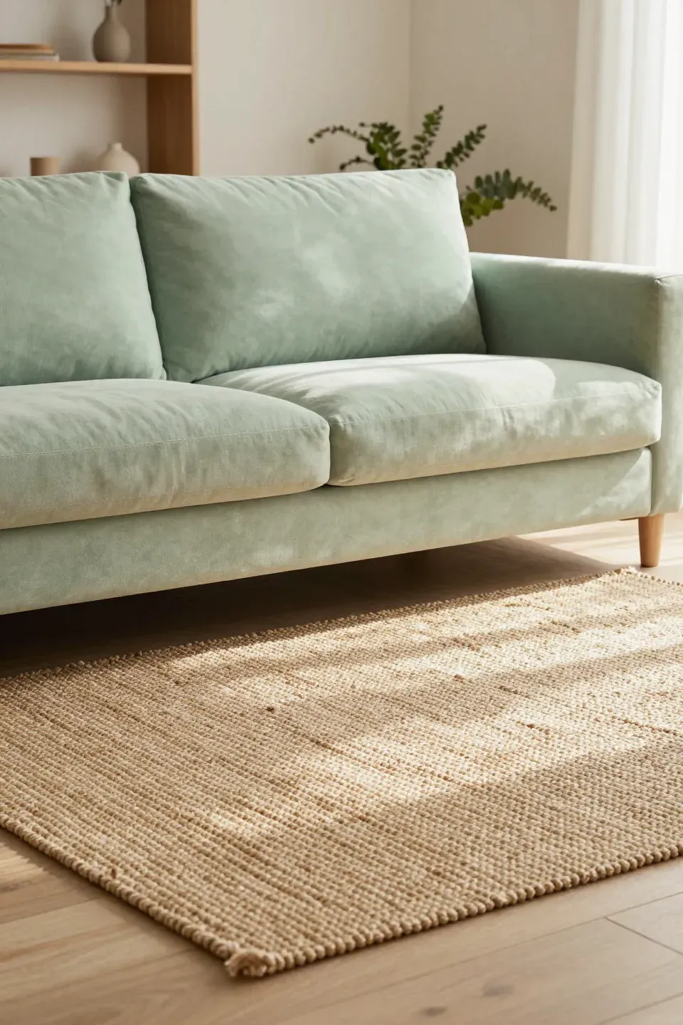 Pale green sofa paired with a textured jute rug in a sunlit living room.