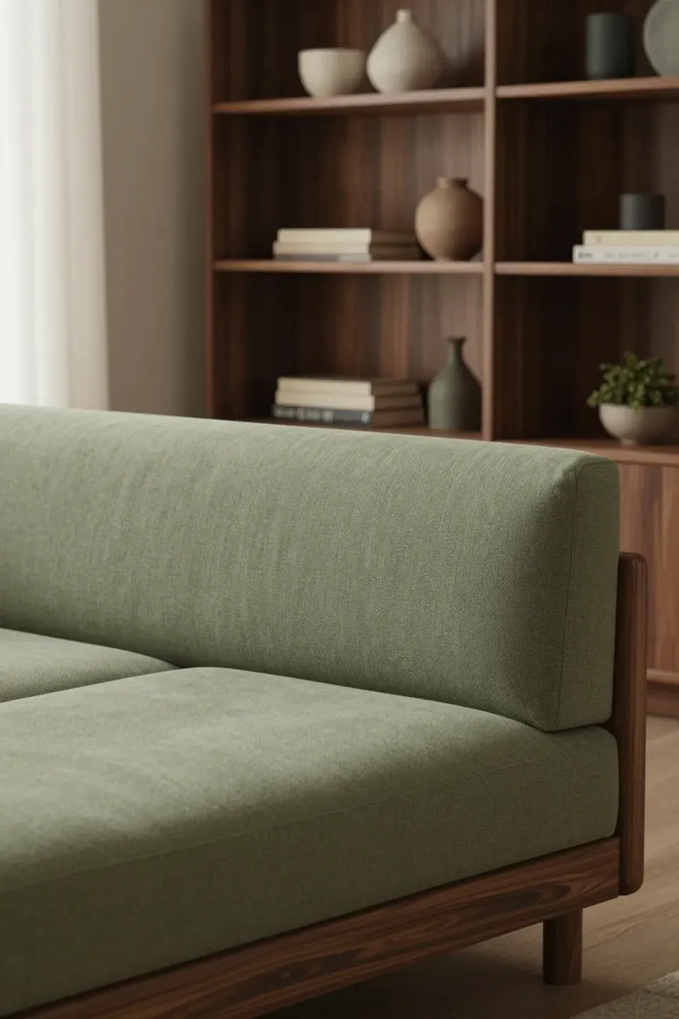 Sage green couch paired with dark walnut shelving in a warm, calm living room.