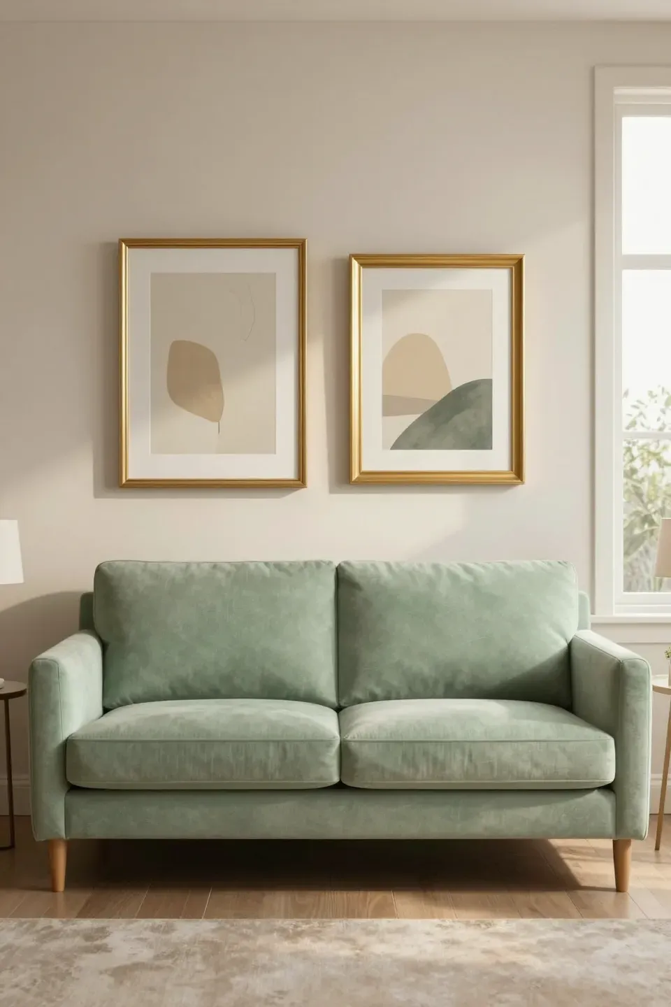 Light green sofa with gold-framed art above it in a softly lit, elegant living room.