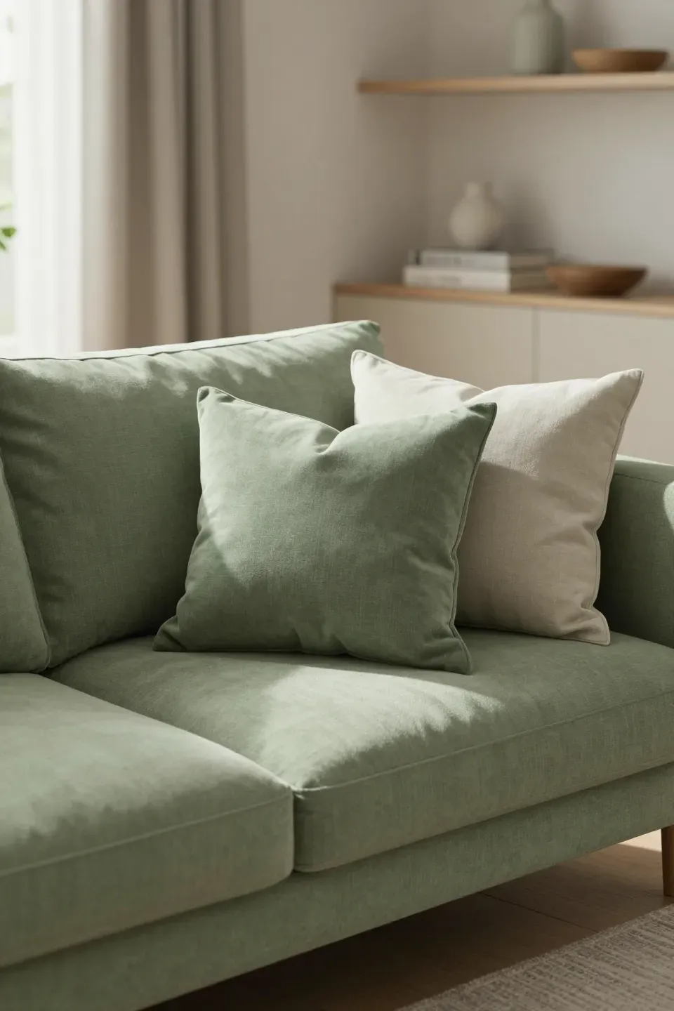 Light green couch styled with layered green-toned pillows in a calm modern living room.