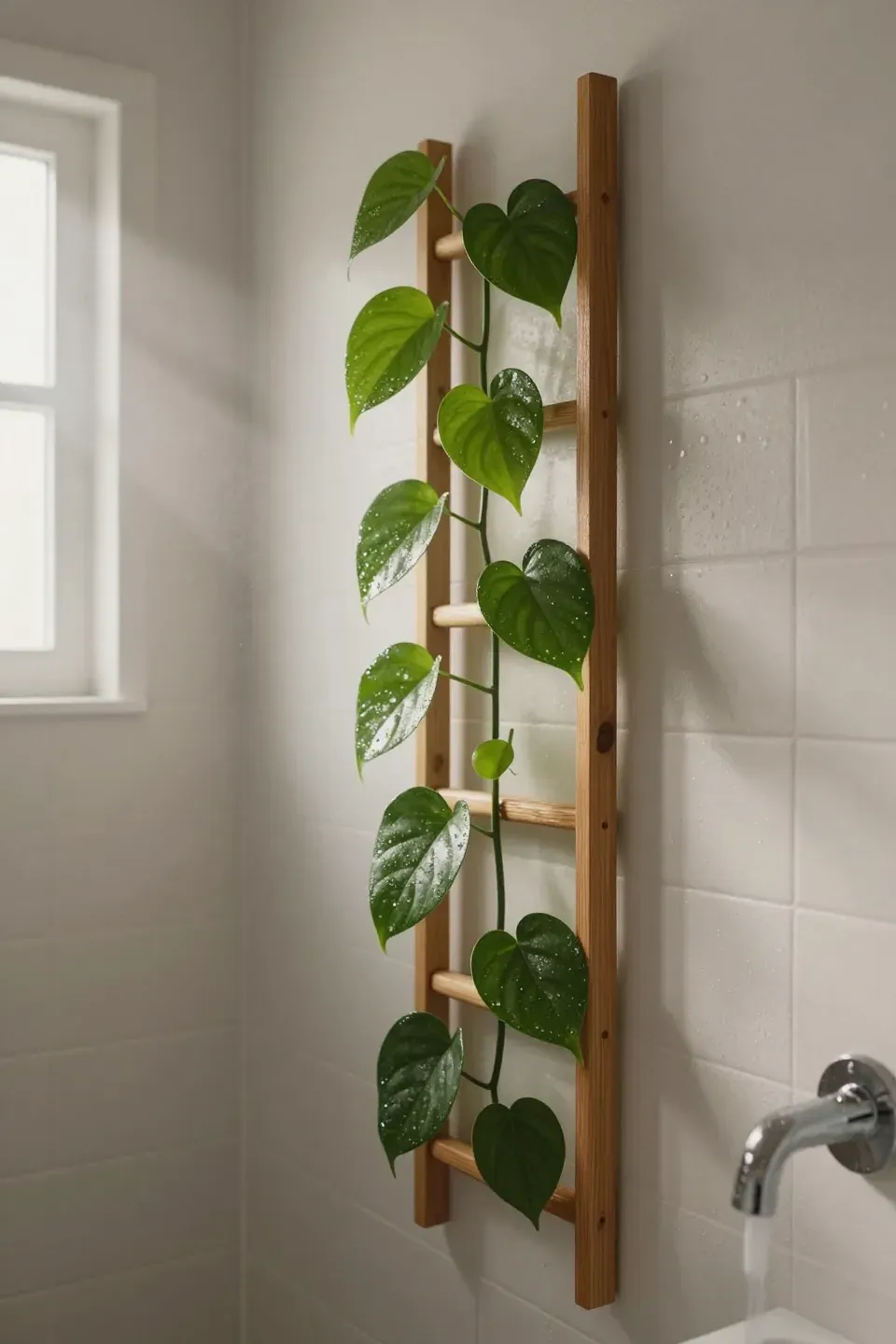 A narrow bathroom trellis with philodendron and pothos vines climbing upward against white tile.