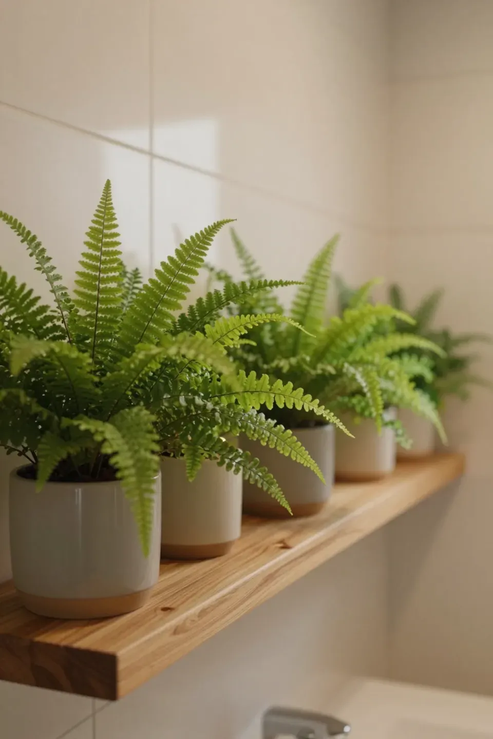 Floating cedar shelves in a bathroom holding small ferns arranged in soft natural light.