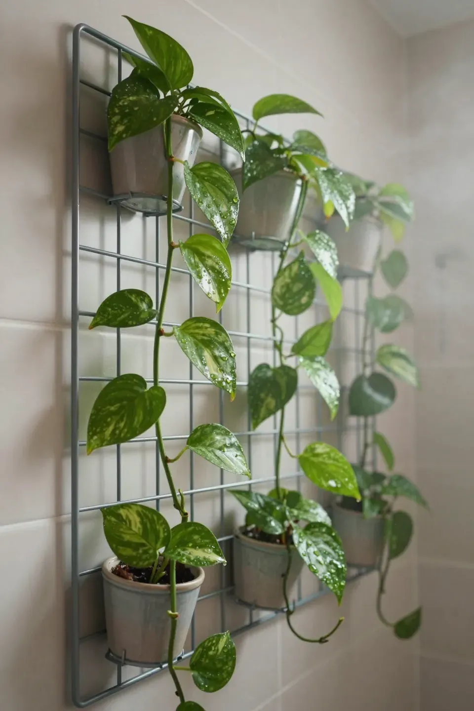 A metal grid panel in a bathroom holding small pots with pothos vines climbing upward.