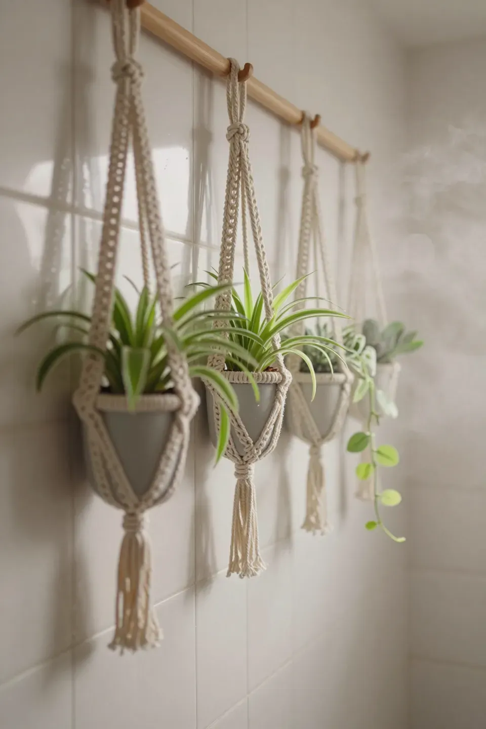 Macrame plant hangers with spider plants and philodendron along a misty shower wall.