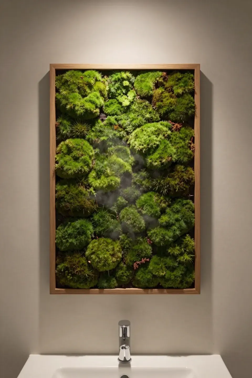 A framed moss panel mounted near a bathroom vanity, softly lit with natural light.