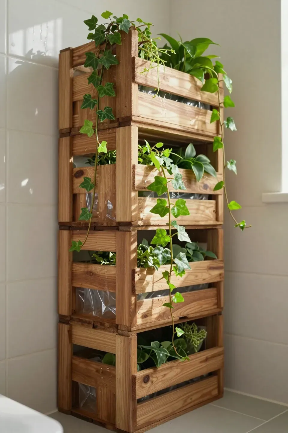 Stacked wooden crates in a bathroom filled with trailing plants like ivy and string of turtles.