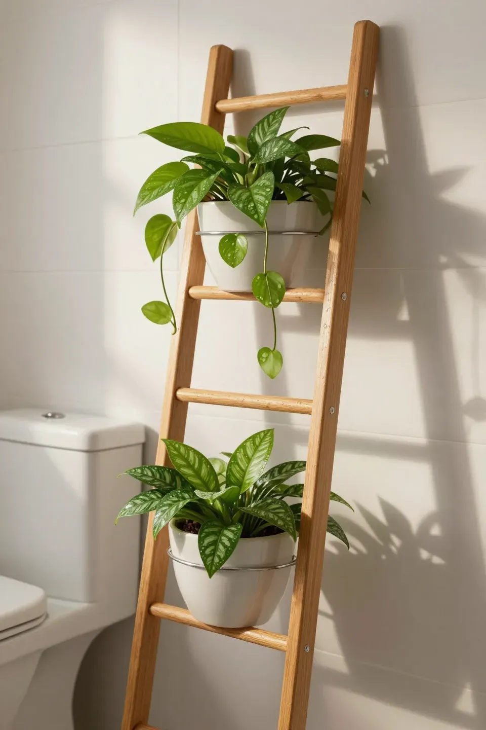 A wooden ladder rack over a toilet holding small hanging planters with lush green foliage.