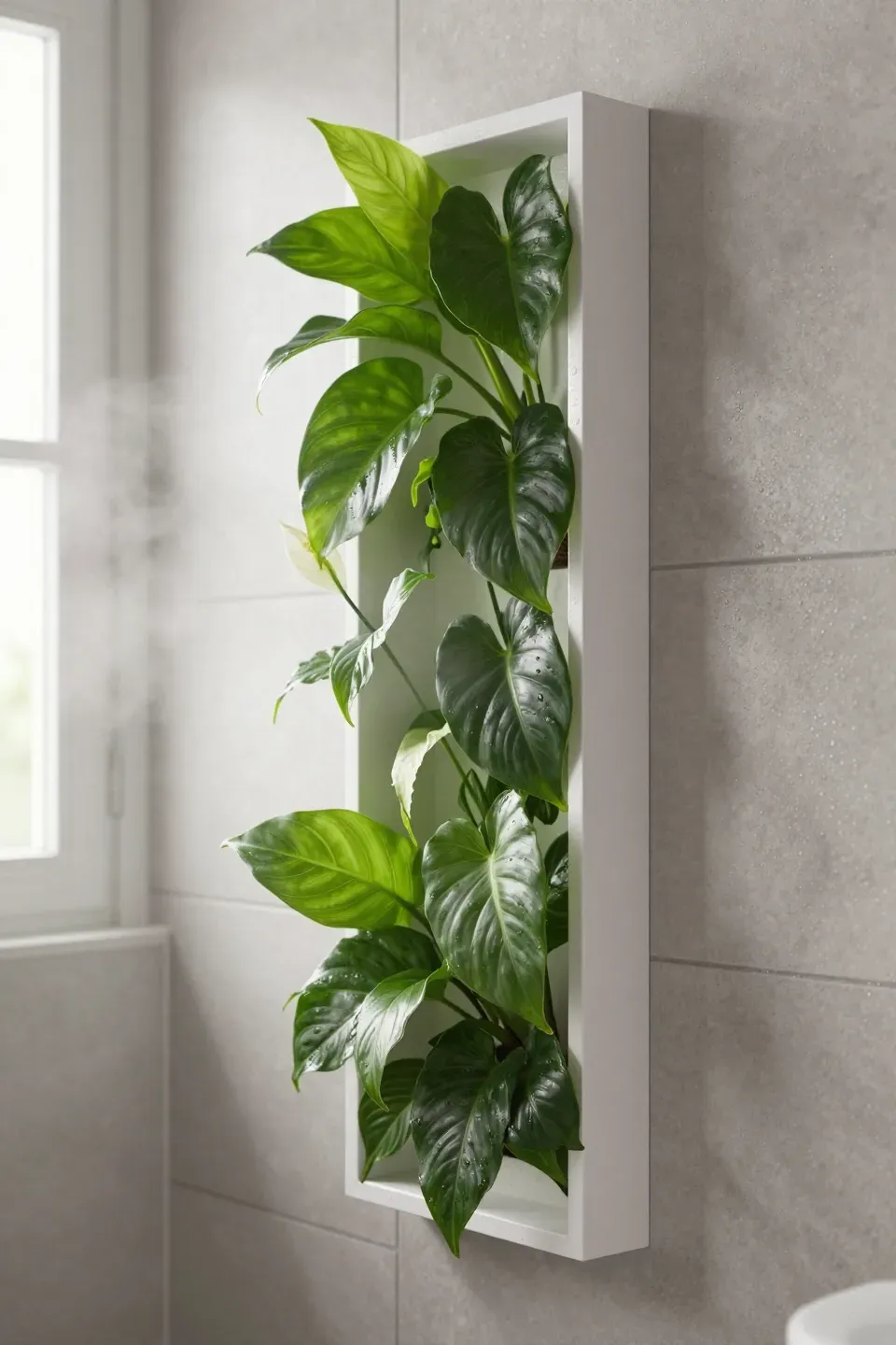 Slim vertical living plant wall frame with lush greenery mounted in a modern bathroom.