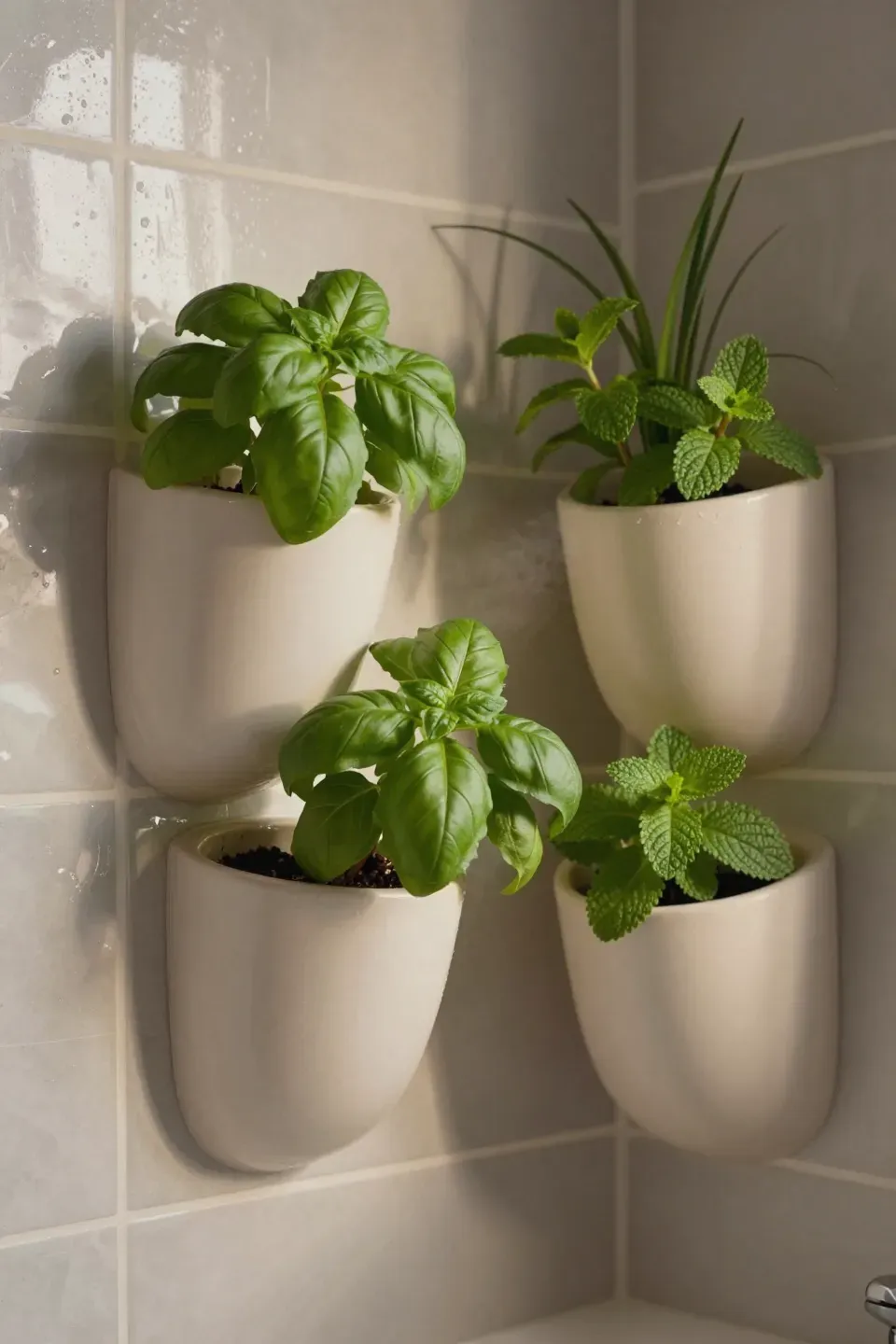 Corner wall pocket planters filled with fresh herbs in a bright, humid bathroom.