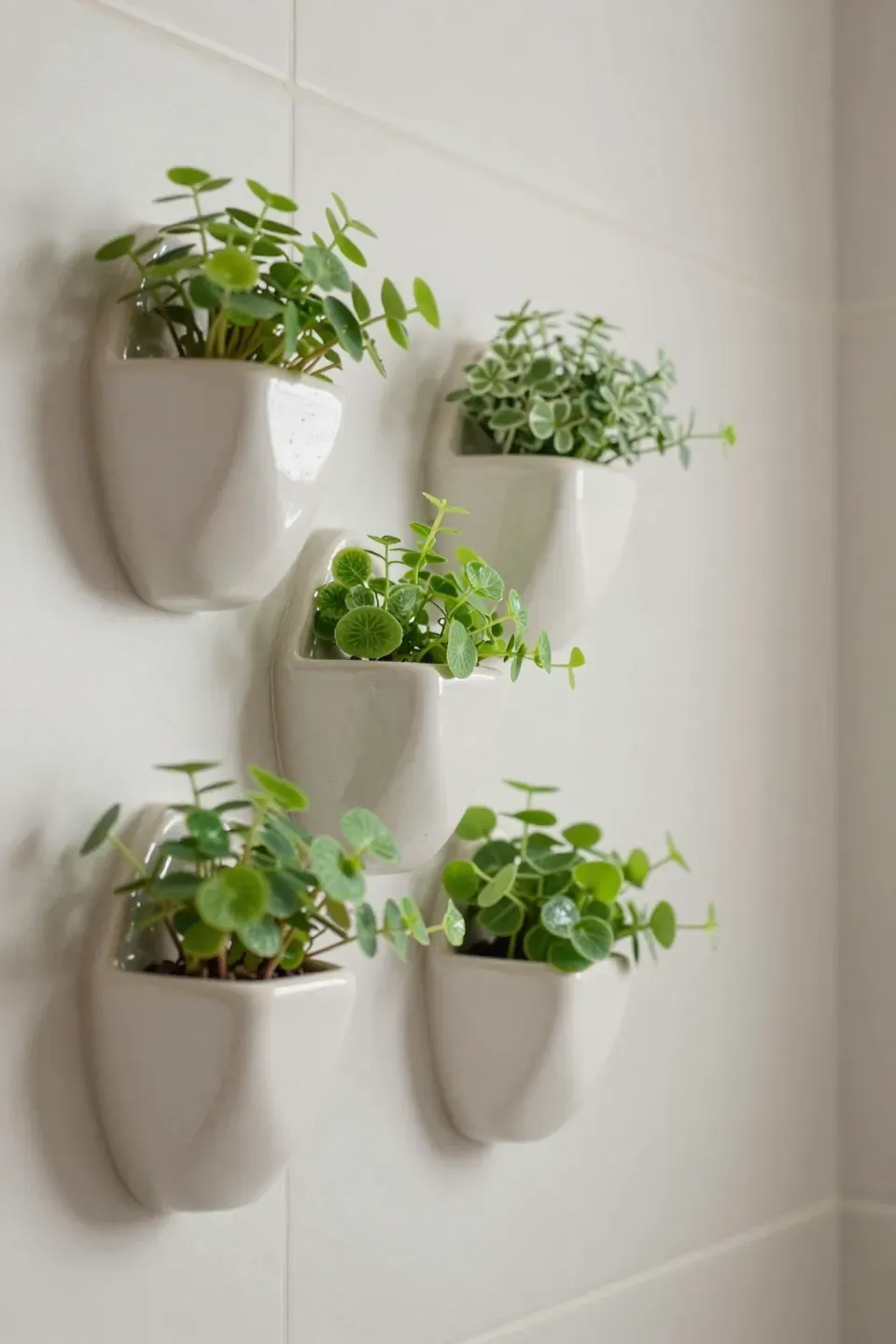 Cluster of geometric ceramic wall pods holding small foliage plants in a modern bathroom.
