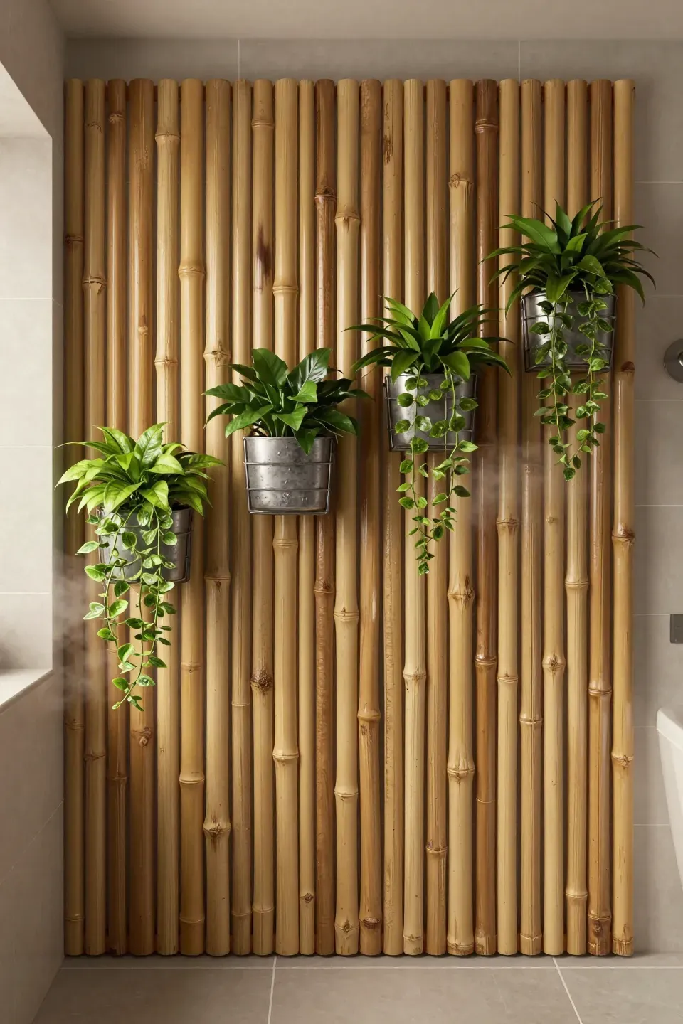 Bamboo slat backboard with mounted planters creating a spa-like bathroom plant wall.