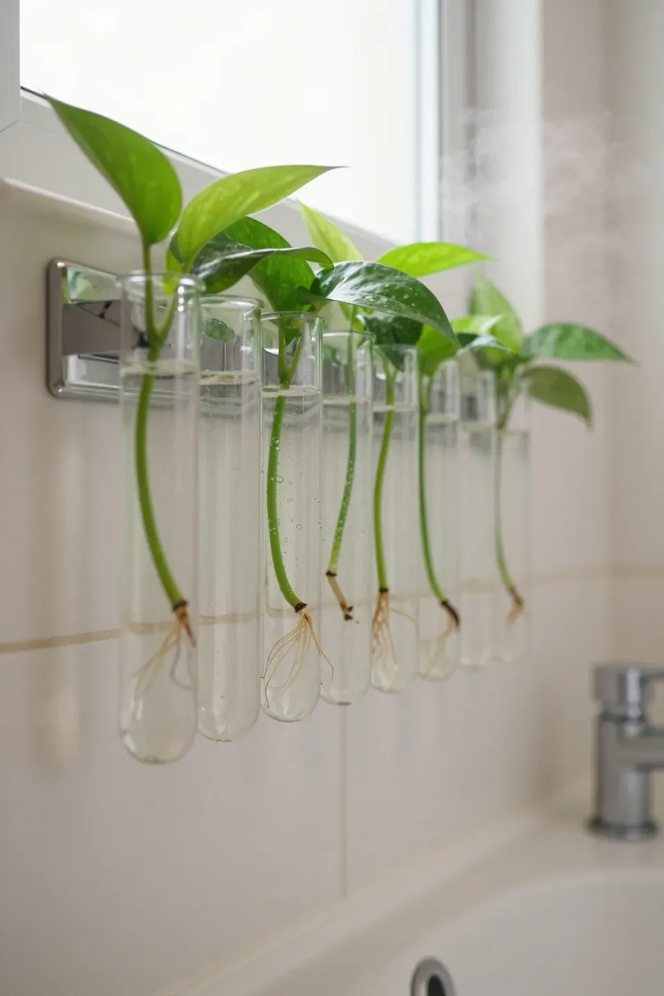 Glass propagation tubes with plant cuttings mounted above a bathroom sink.