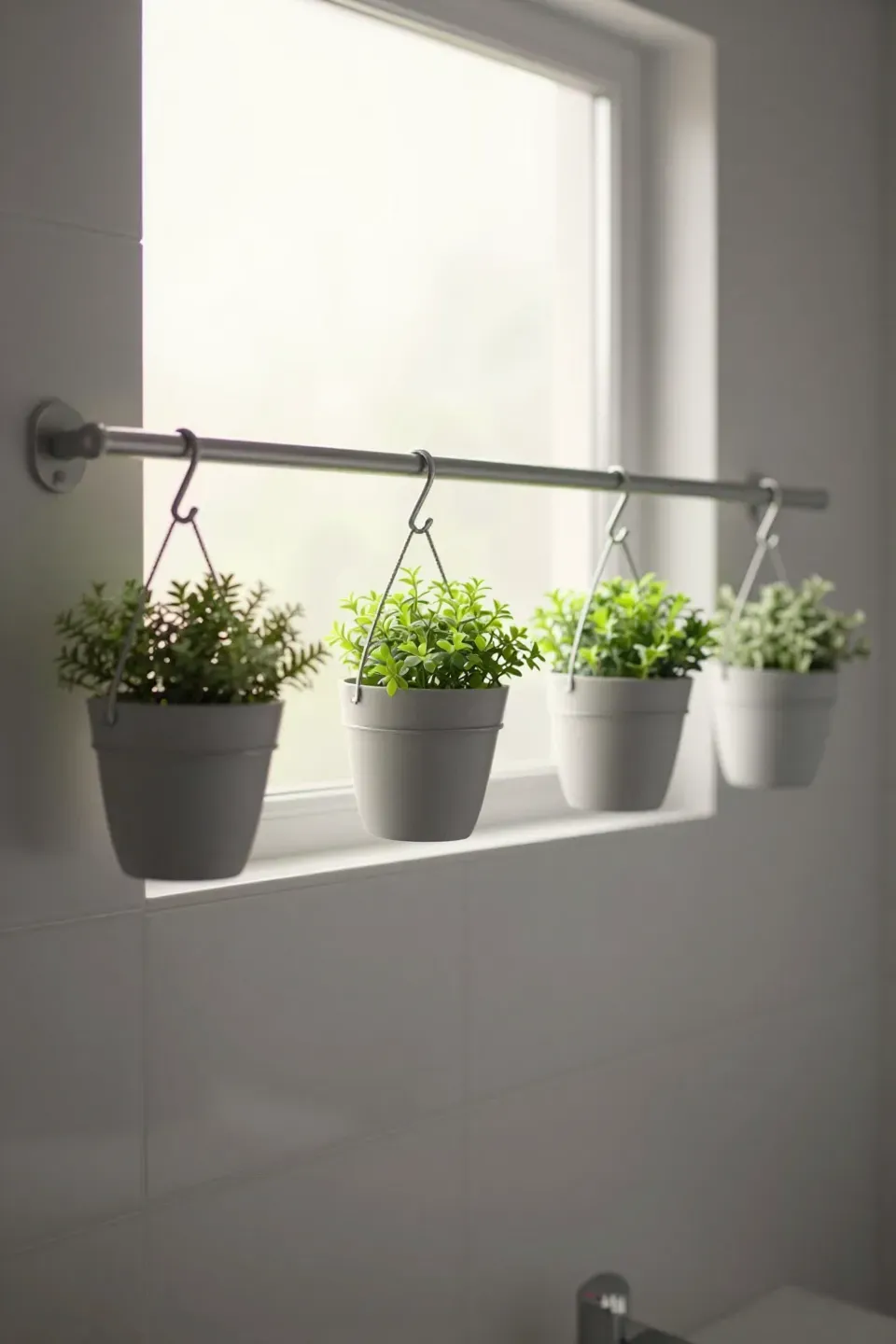 Metal rail with hook-on pots holding small plants in a modern bathroom.