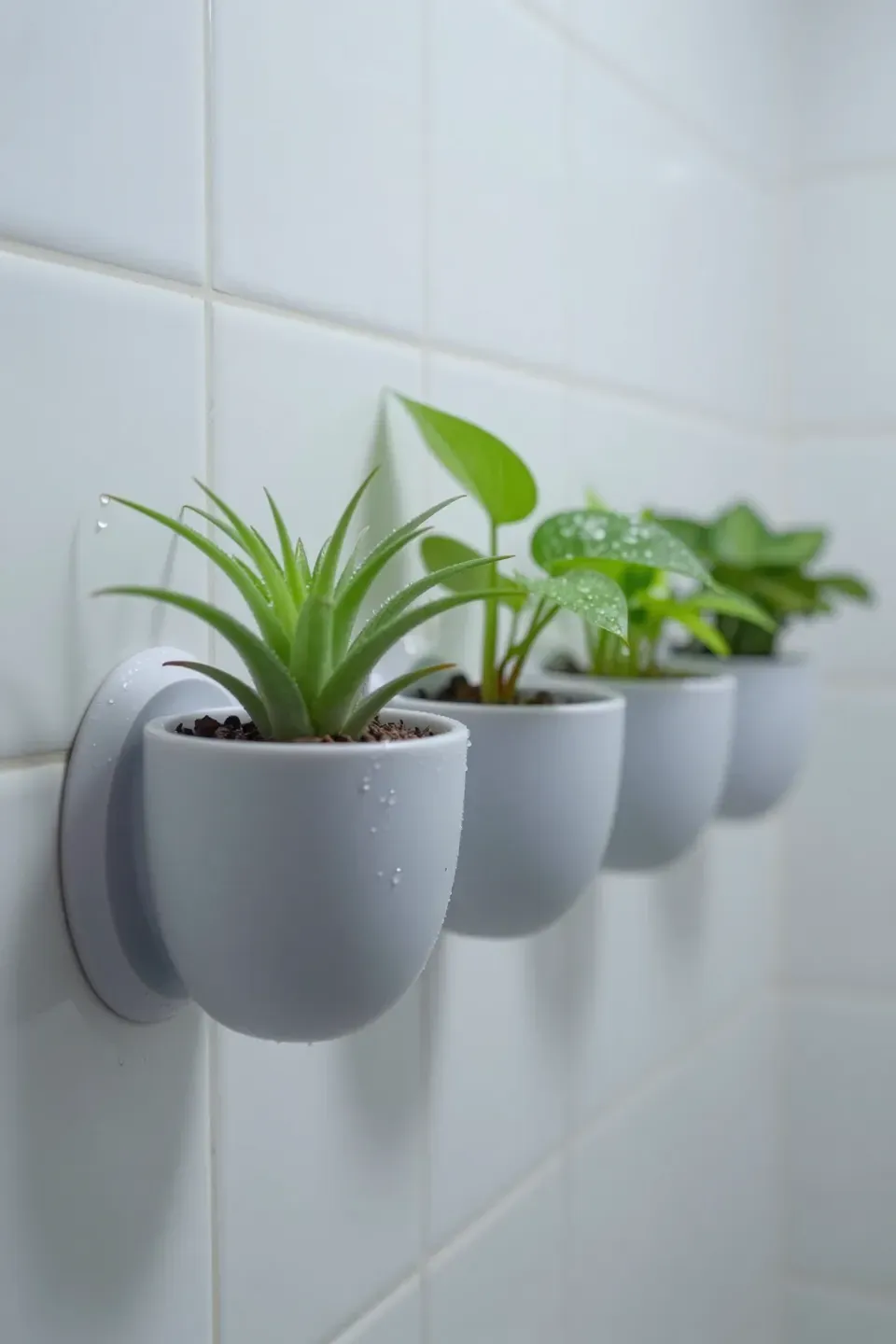 Suction cup planters with small plants attached to smooth shower tiles.