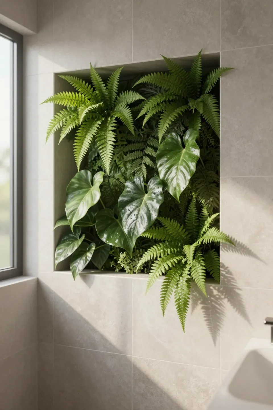 Recessed bathroom wall niche filled with layered green plants under soft natural lighting.