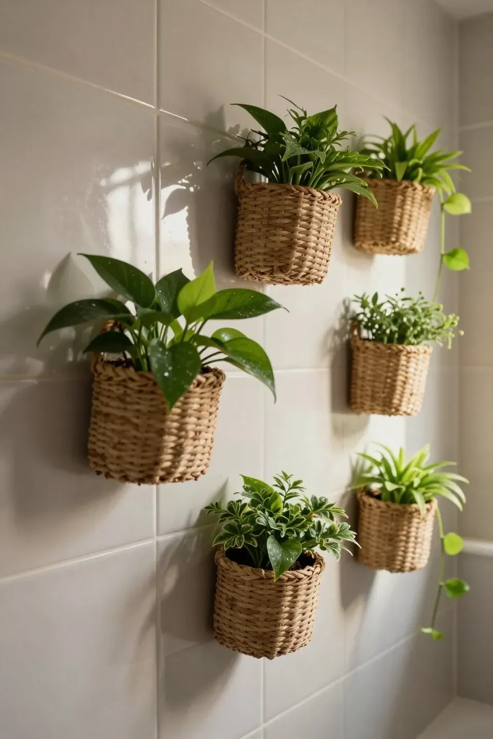 Woven basket planters mounted on a bathroom wall holding low-light green plants.