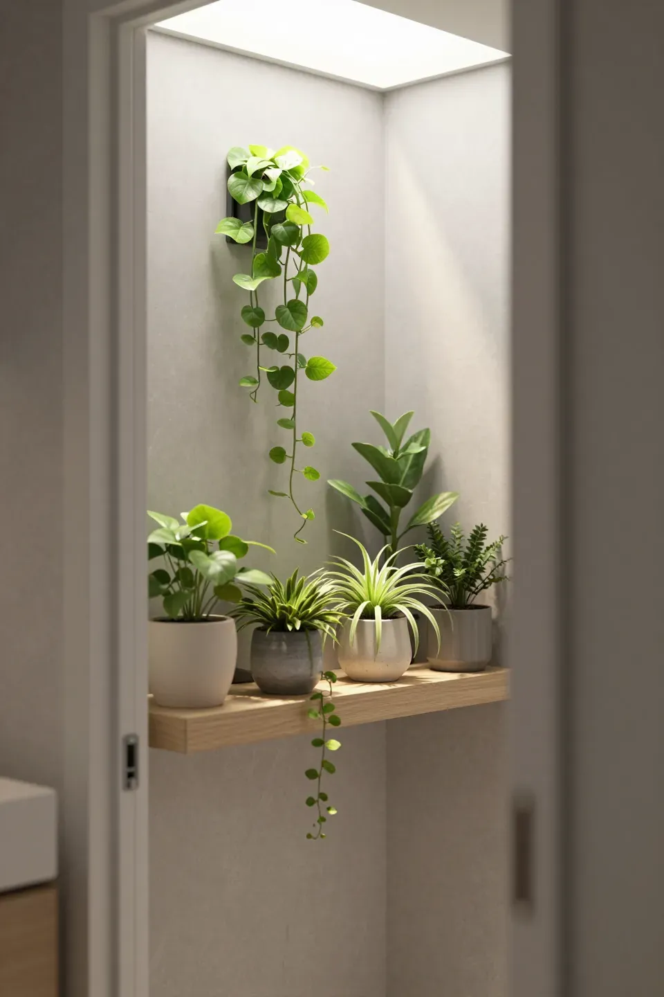 Floating ledge behind a bathroom door holding small trailing potted plants.