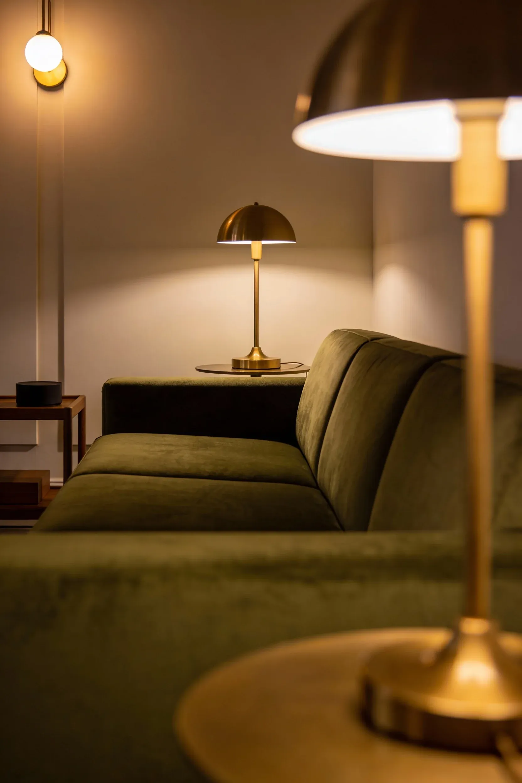 Olive green sofa paired with warm brass floor lamps in a cozy room.