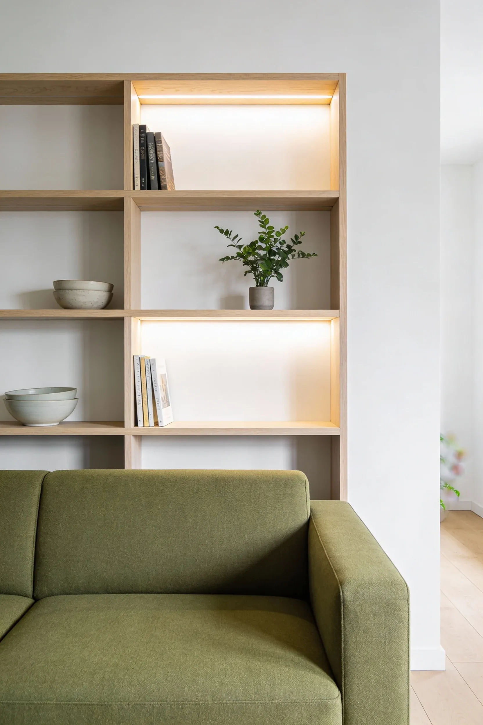 Sage green couch with pale wood Scandinavian shelving above it.