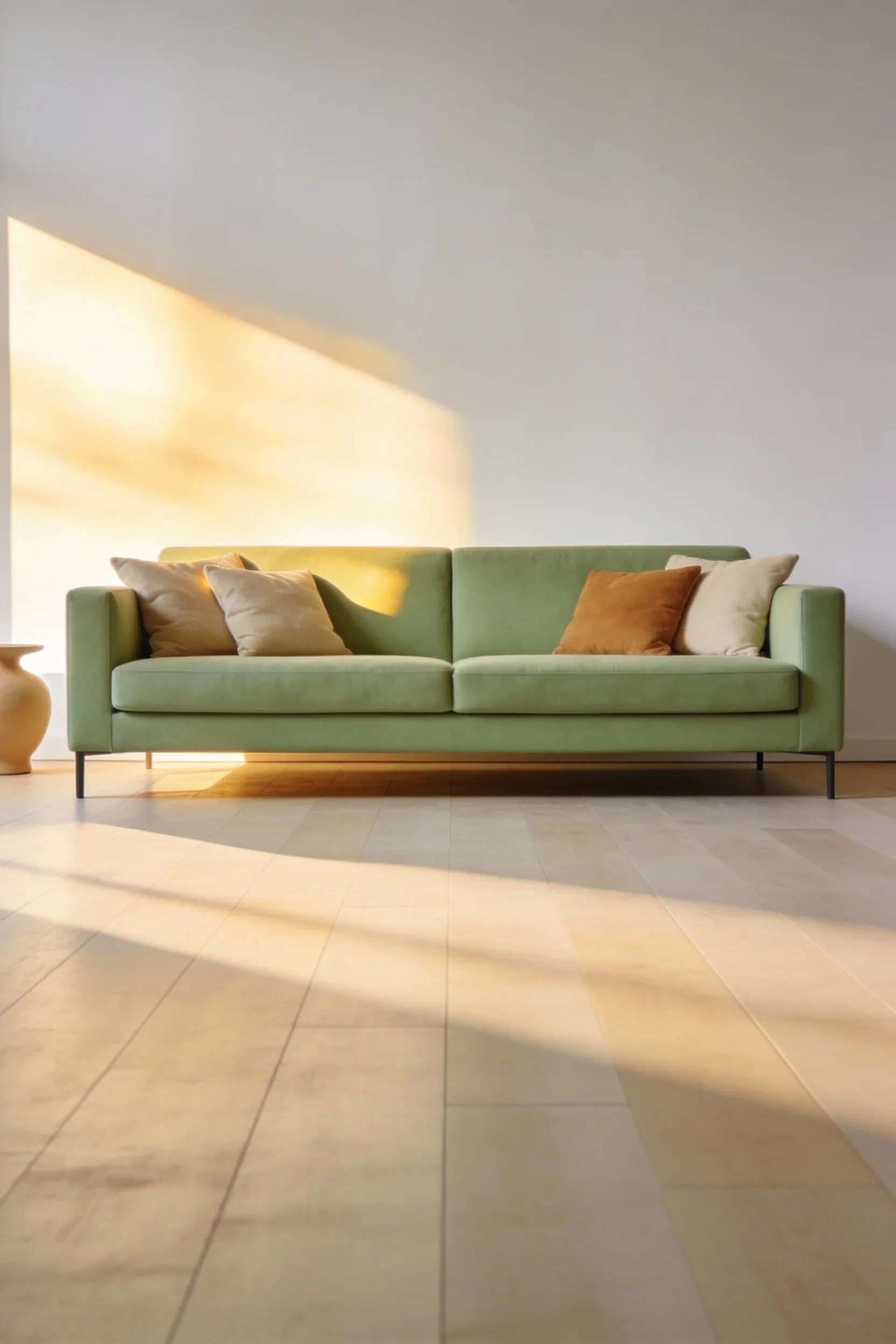 Light green sofa against a warm white wall with soft golden lighting.