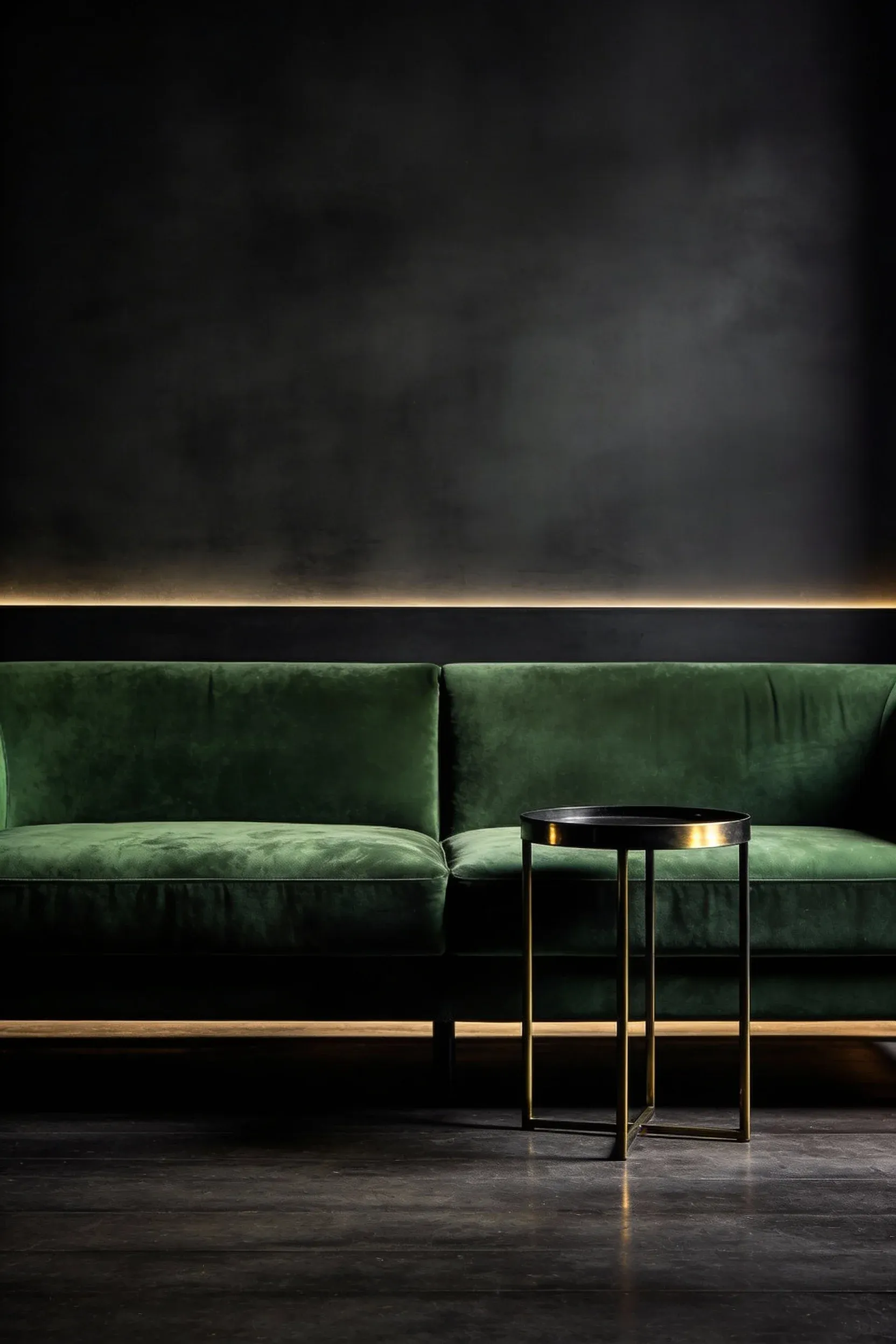 Green velvet sofa in front of a dark charcoal accent wall with moody lighting.
