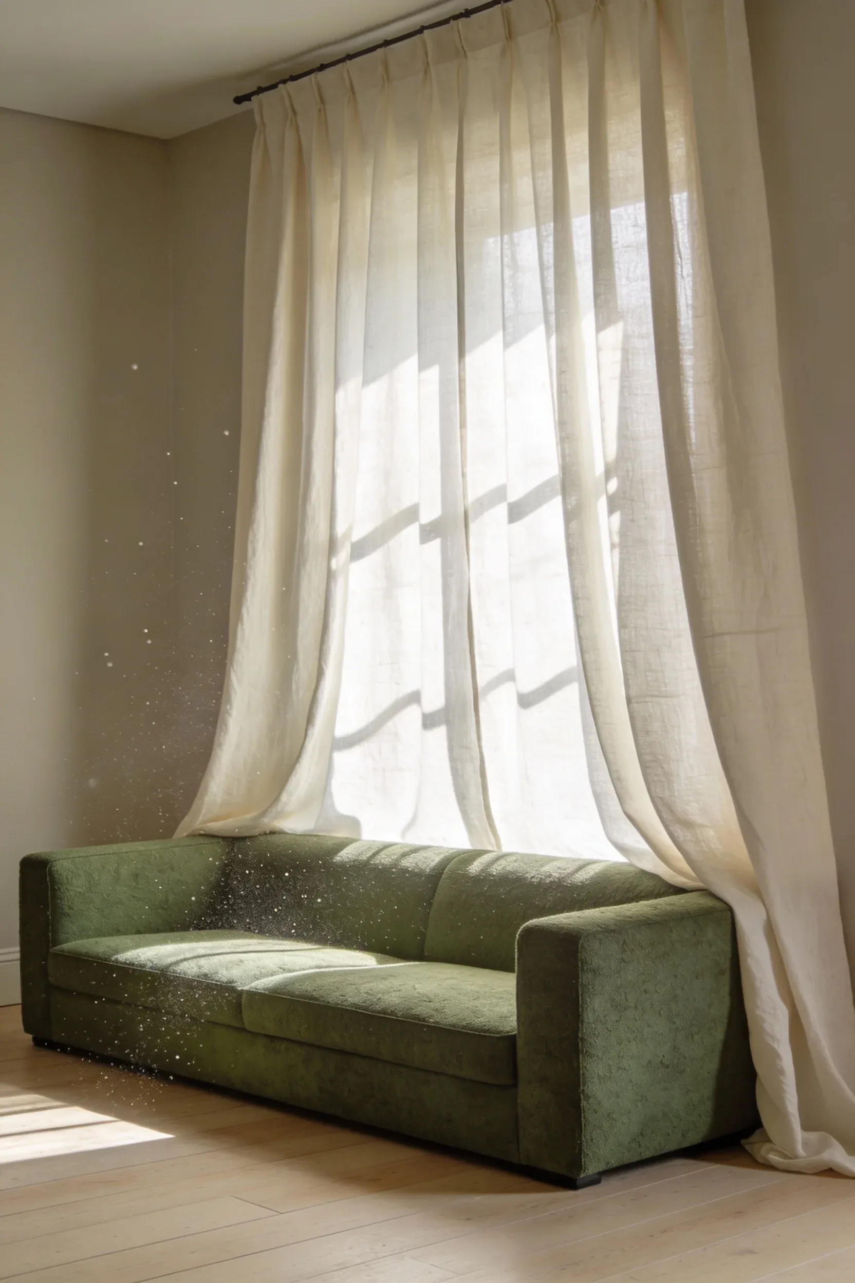 Sage green sofa beneath long cream linen drapes with soft natural light in a serene living room.