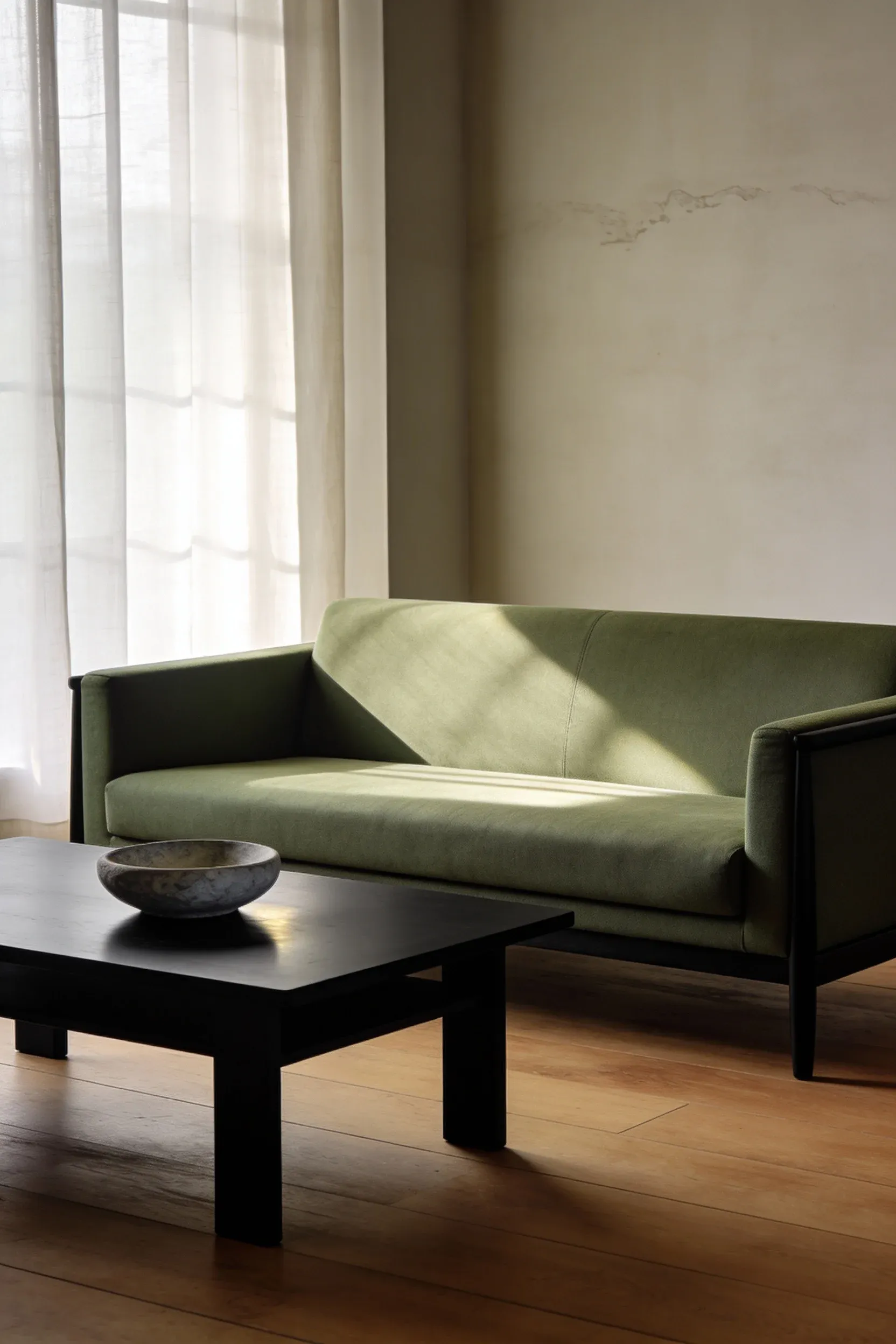 Sage green loveseat with a black minimalist Japandi coffee table in a serene living room.