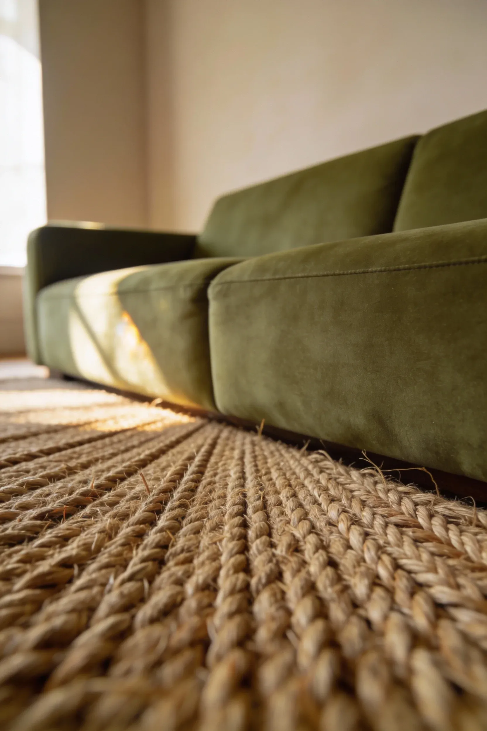 Olive green sofa paired with a natural woven jute rug in a warm, textured living room.