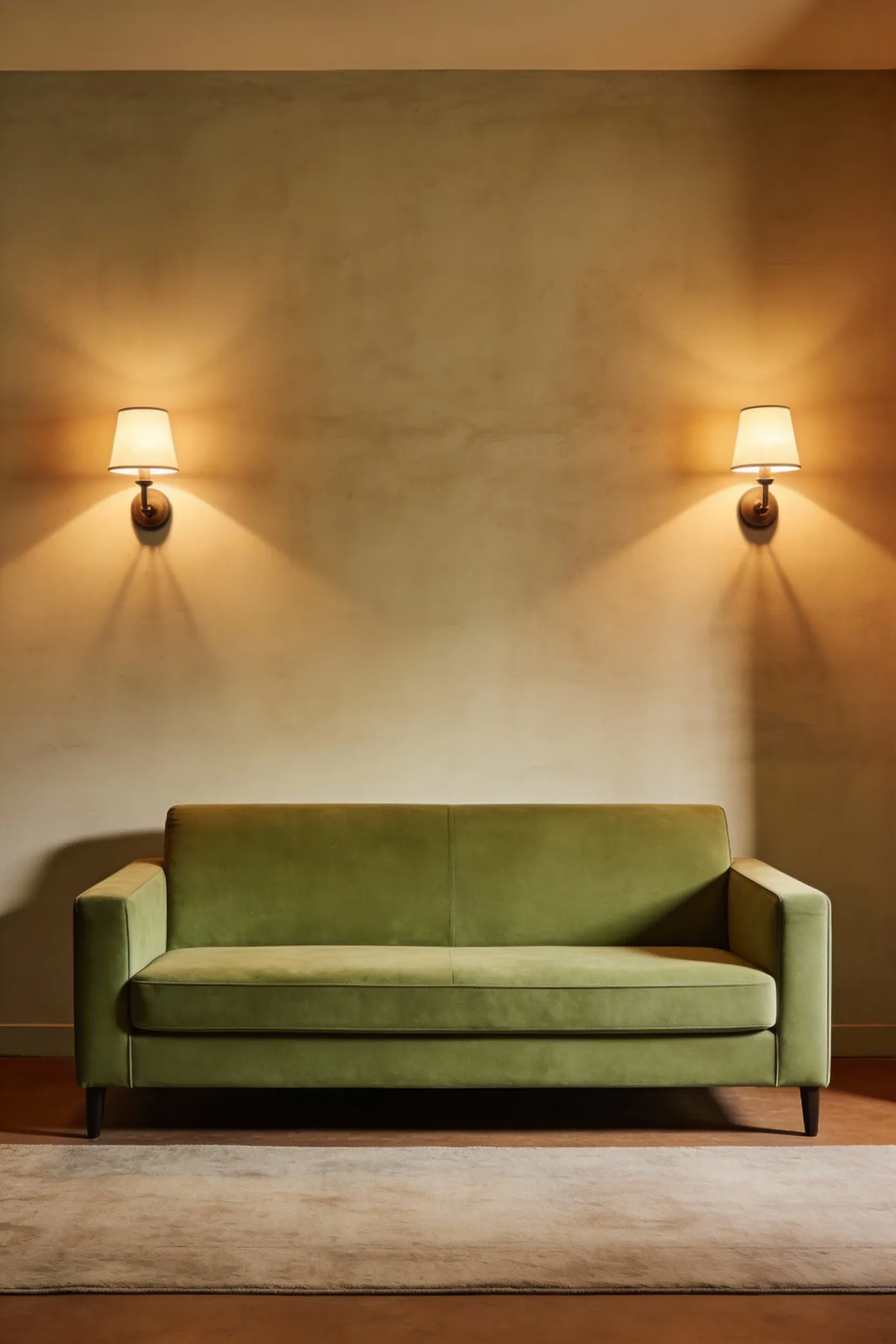Sage green sofa illuminated by warm ambient wall sconces in a serene evening living room.