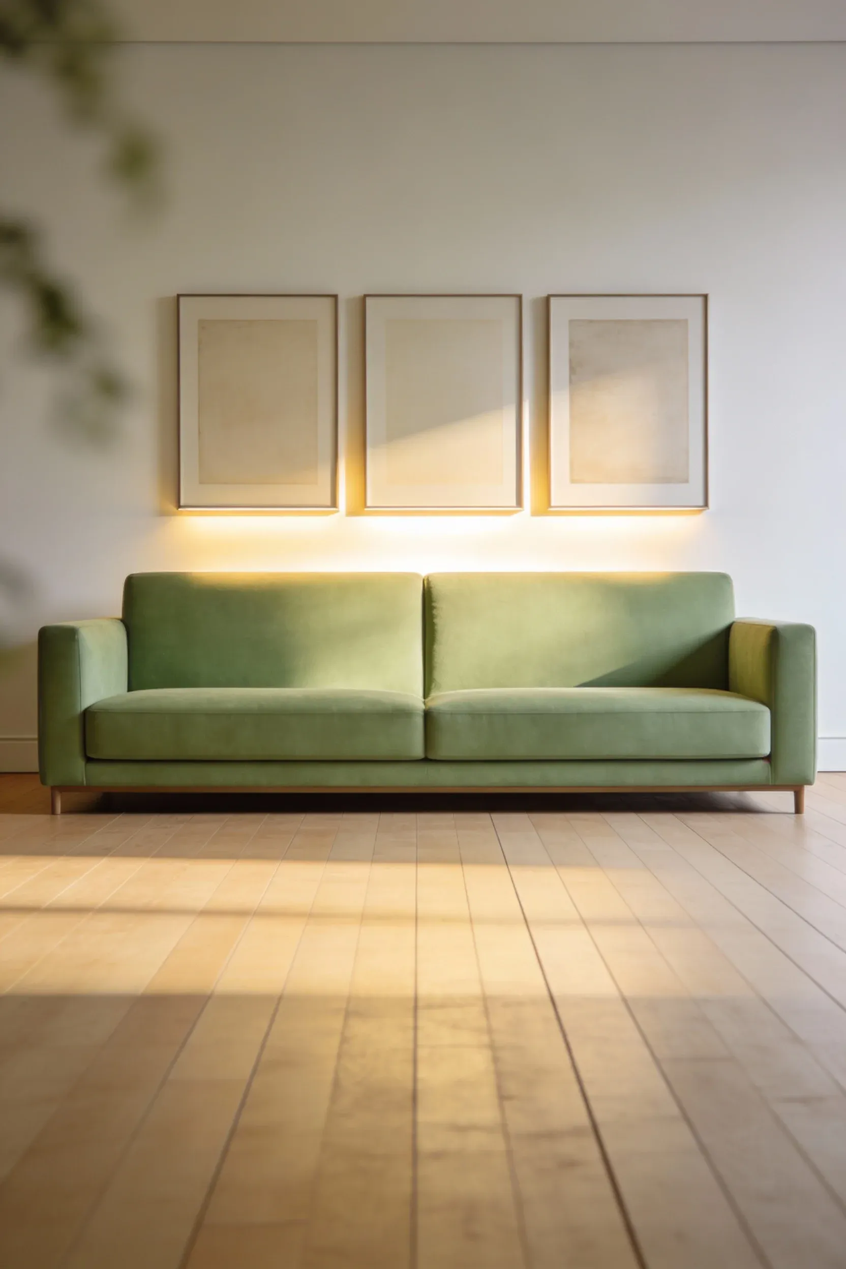 Light green sofa beneath minimalist Scandinavian artwork in a bright, simple living room.