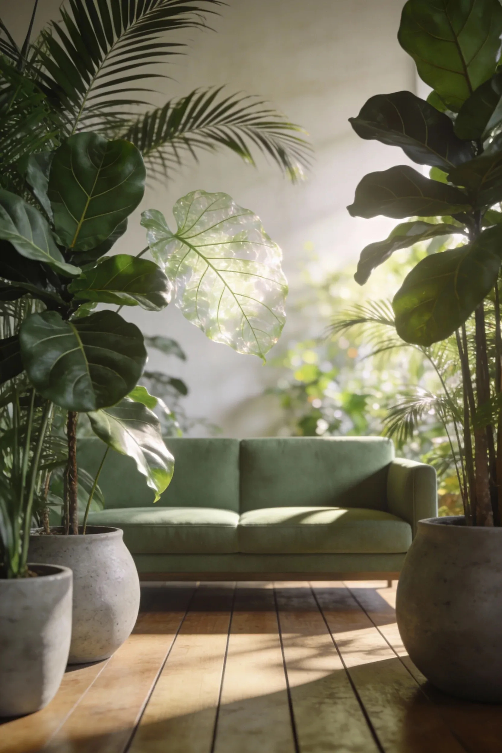 Sage green sofa framed by tall indoor plants in a calm, softly lit living room.