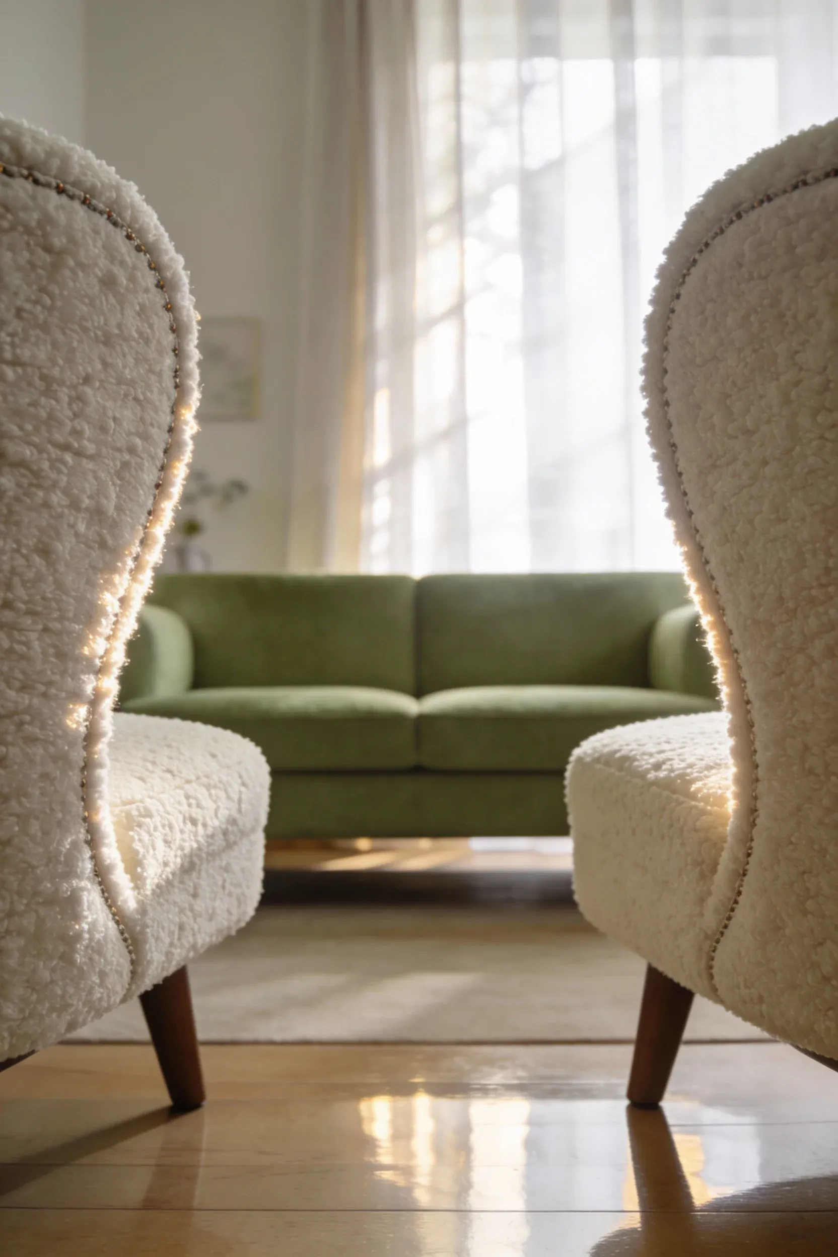 Sage green couch with cream bouclé armchairs in a bright, textured living room.