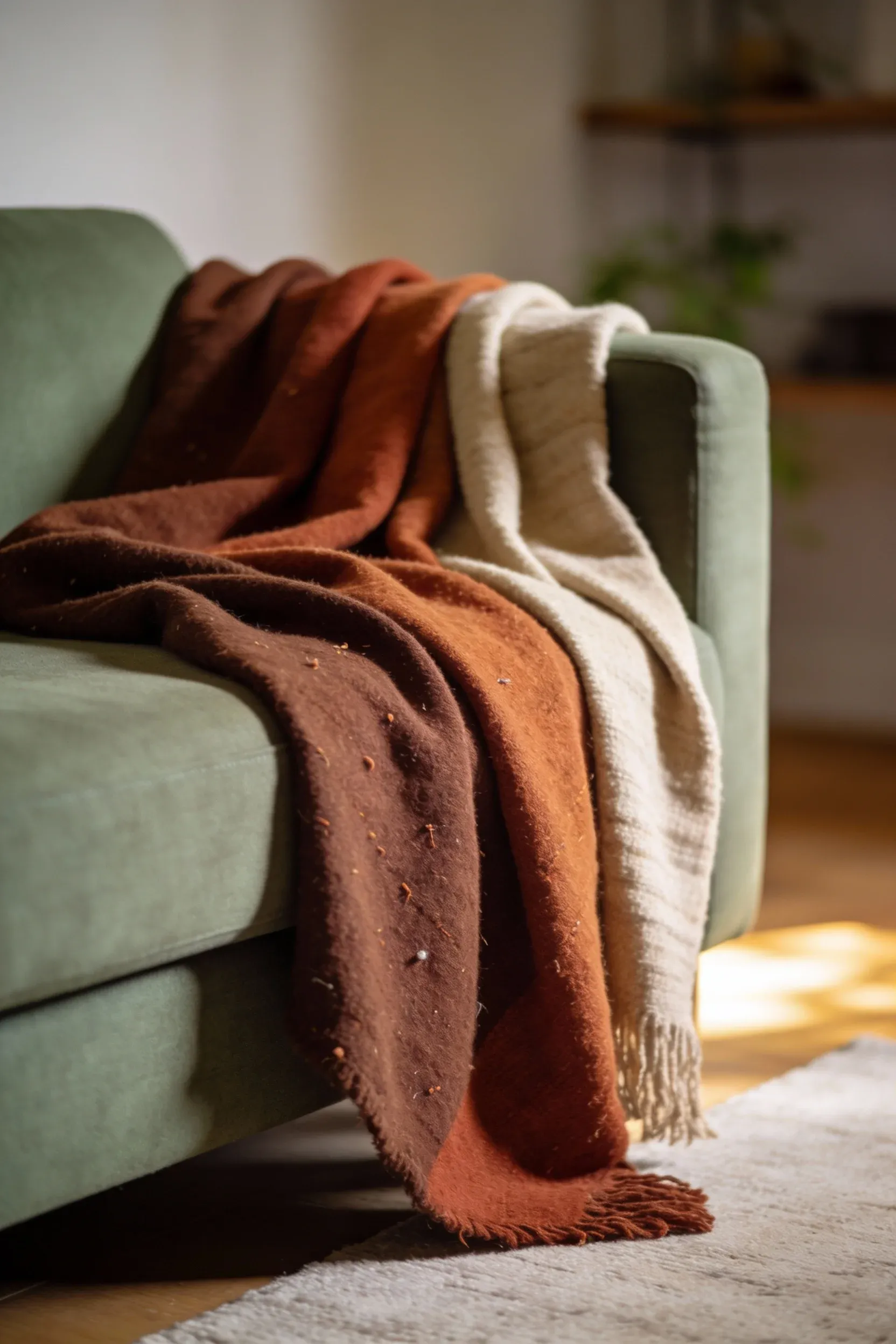 A sage green sofa draped with earth-toned blankets in warm natural lighting.