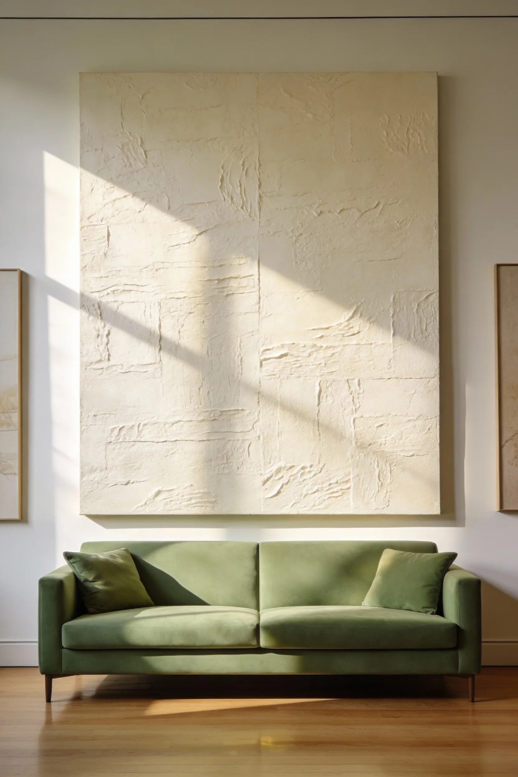 A sage green couch beneath large textured cream wall art in soft natural lighting.