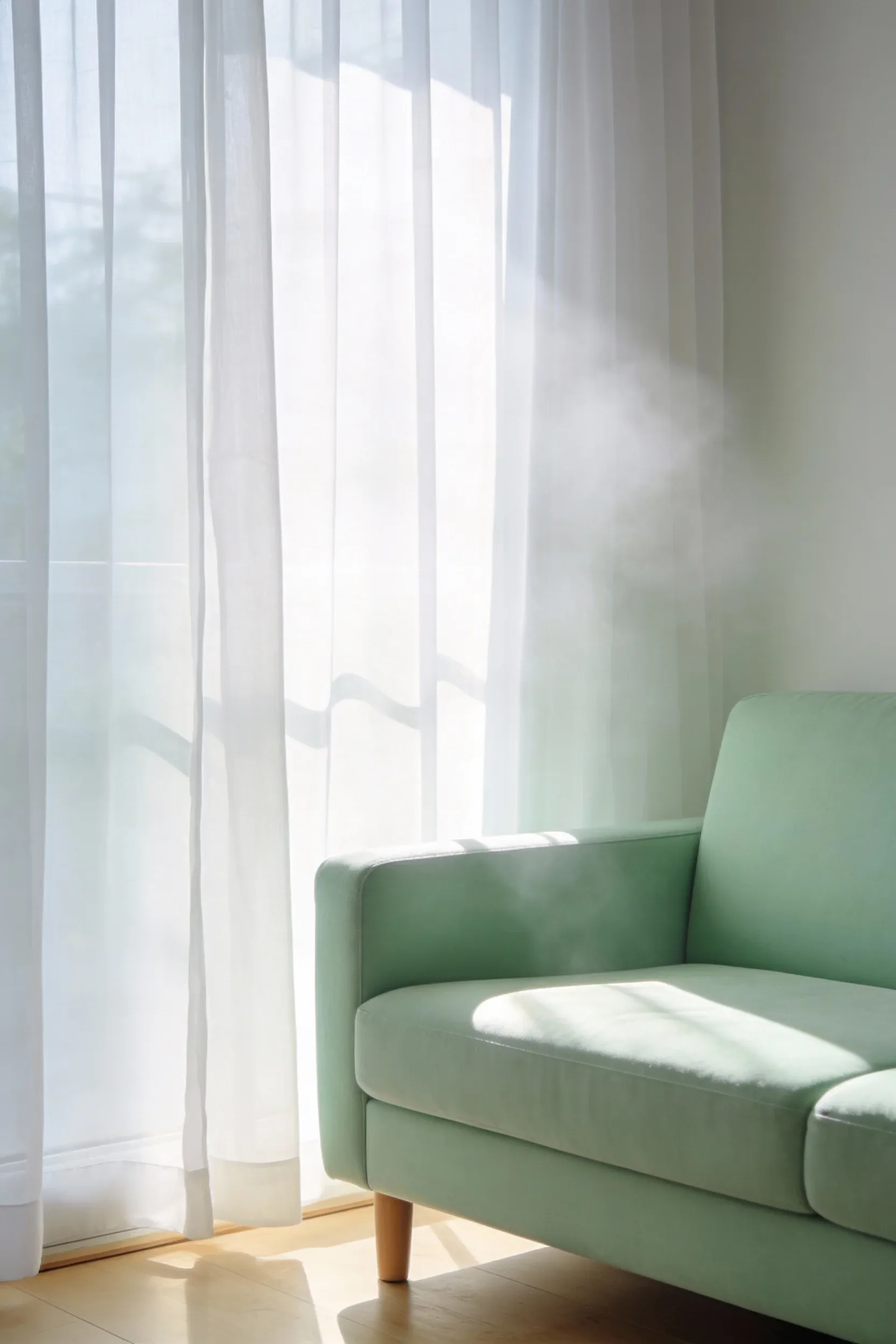 A light green sofa beside tall sheer white curtains glowing with soft natural light.