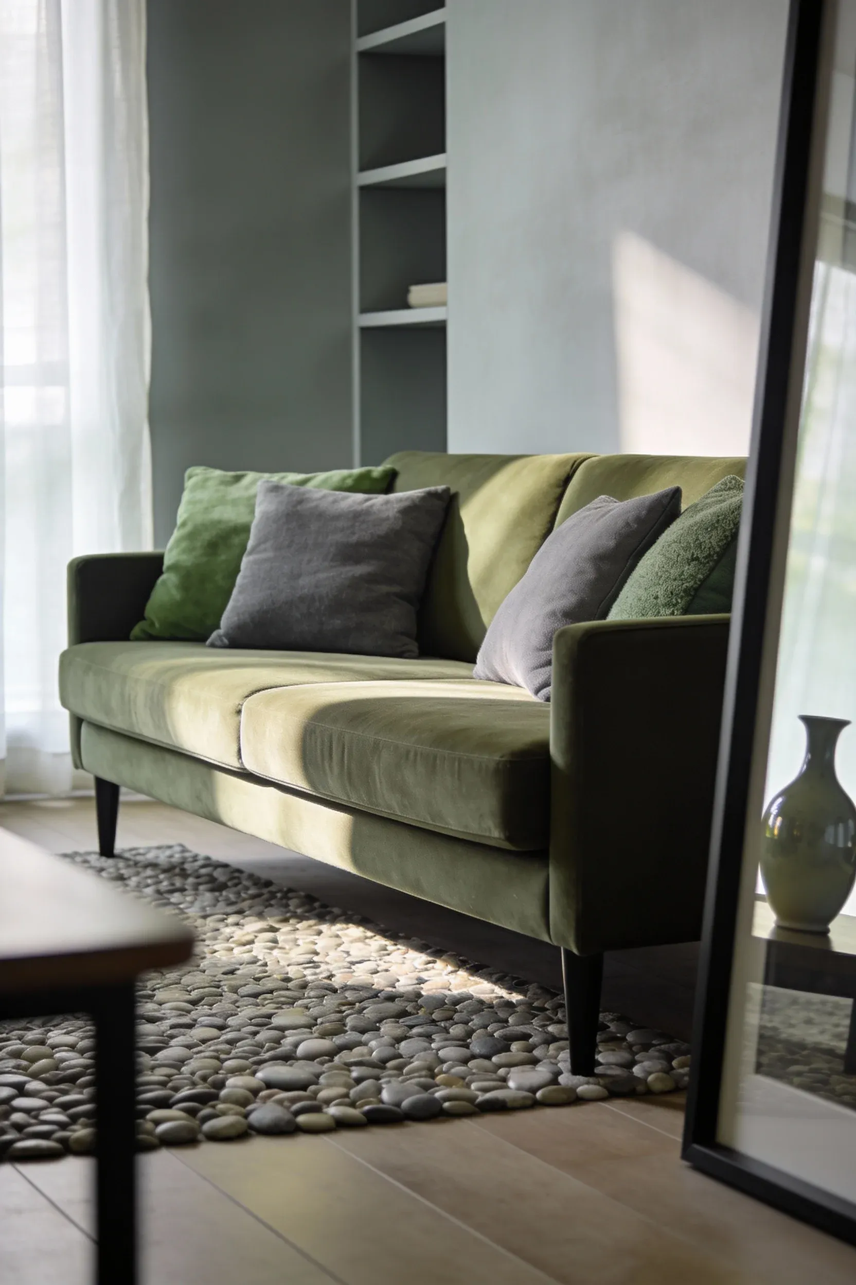 Olive green sofa with layered green and grey cushions in a soft sage-toned living room.