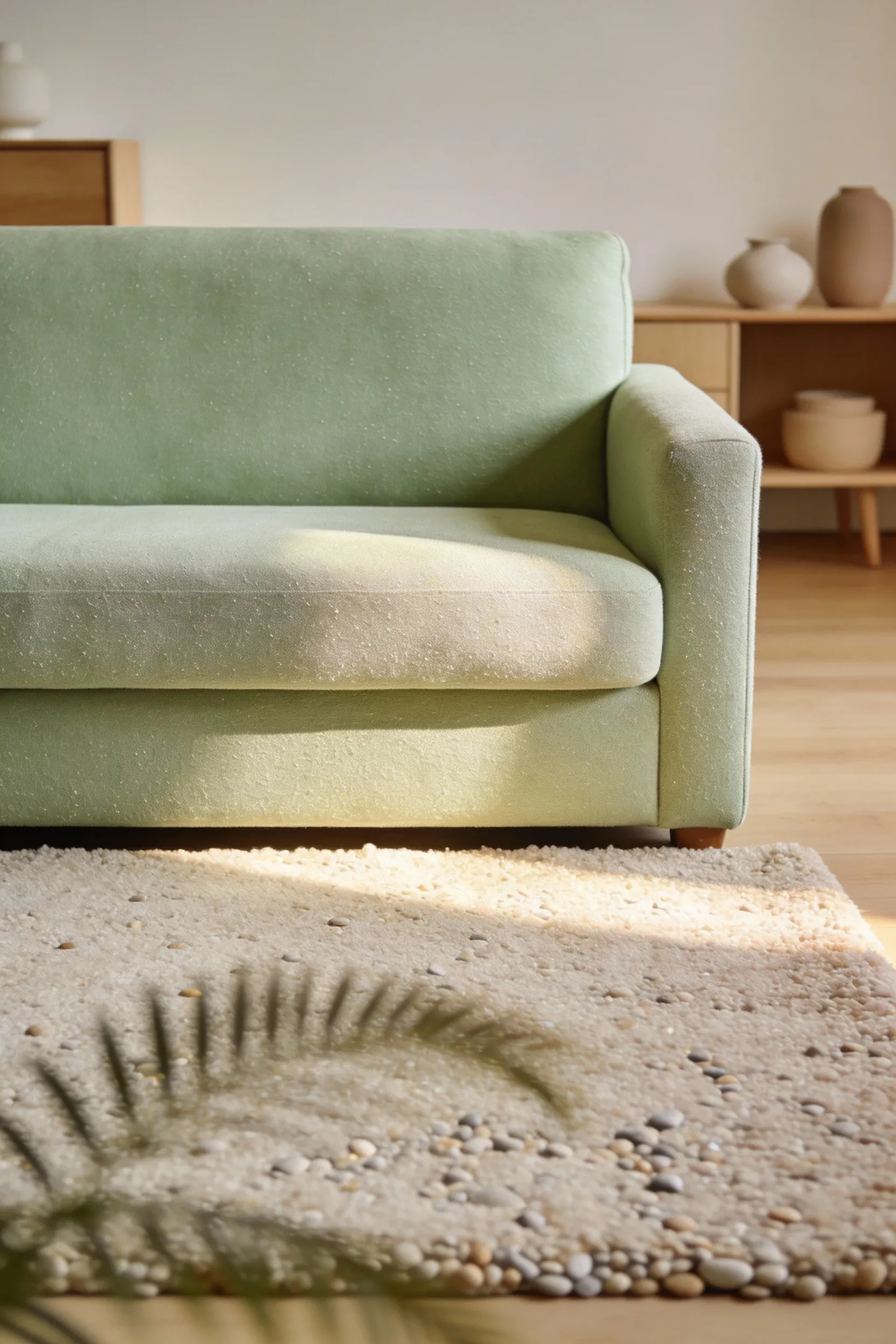 Light green sofa set atop a pebble-coloured rug in a warm minimalist living room.