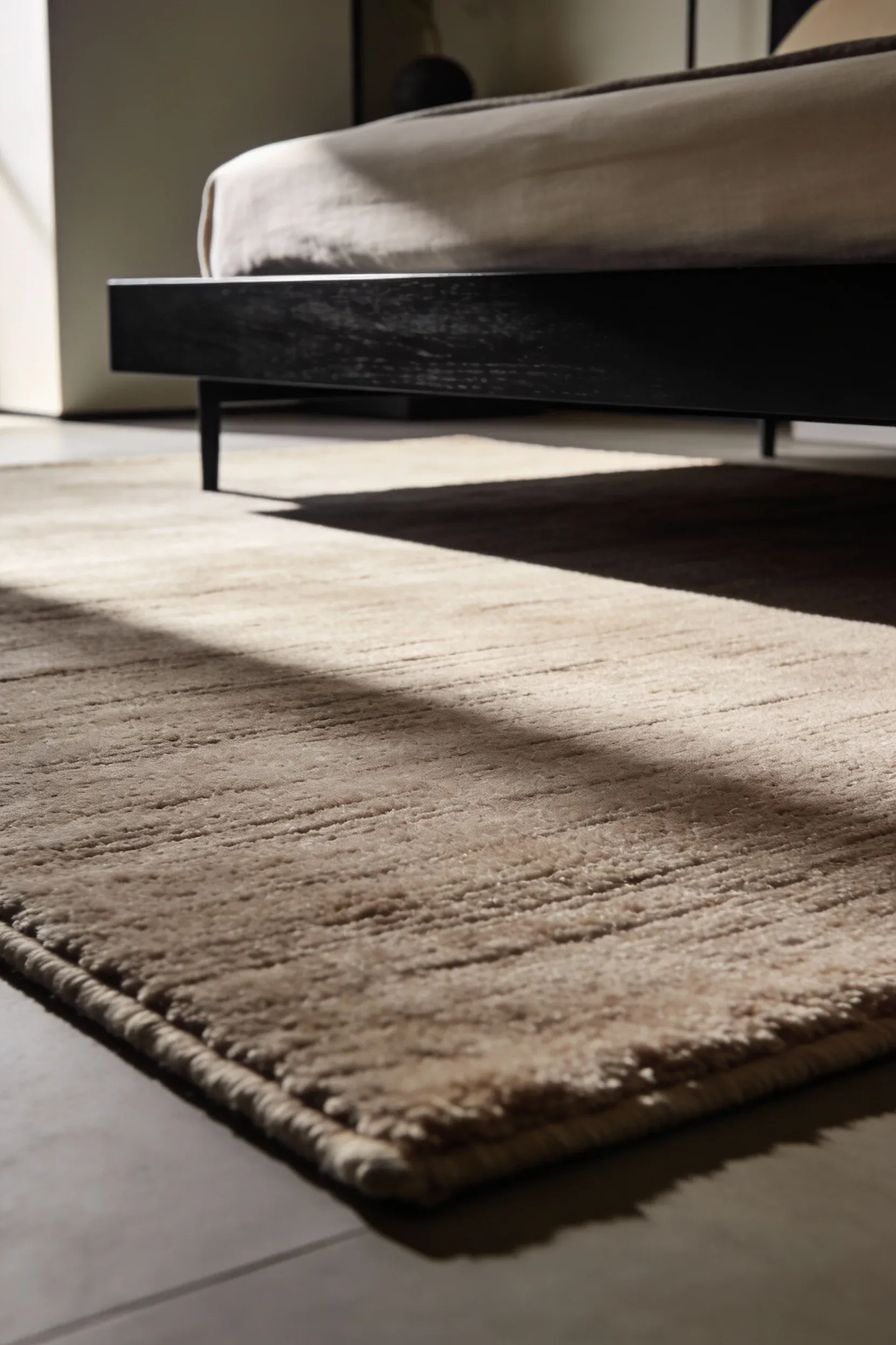 Taupe rug extending beneath a black platform bed in a minimalist bedroom.