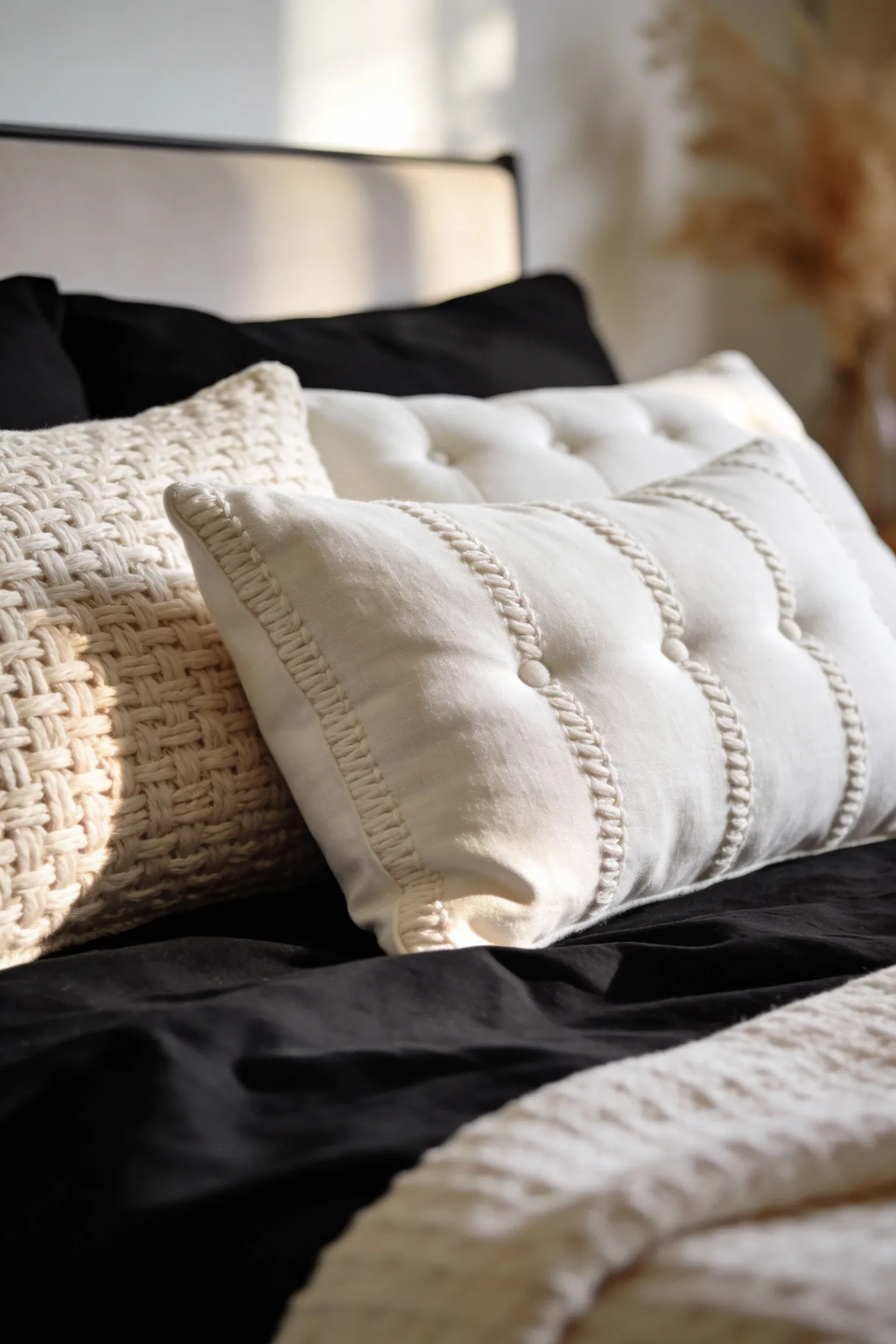 Ivory textured pillows resting on dark charcoal bedding in a soft neutral bedroom.