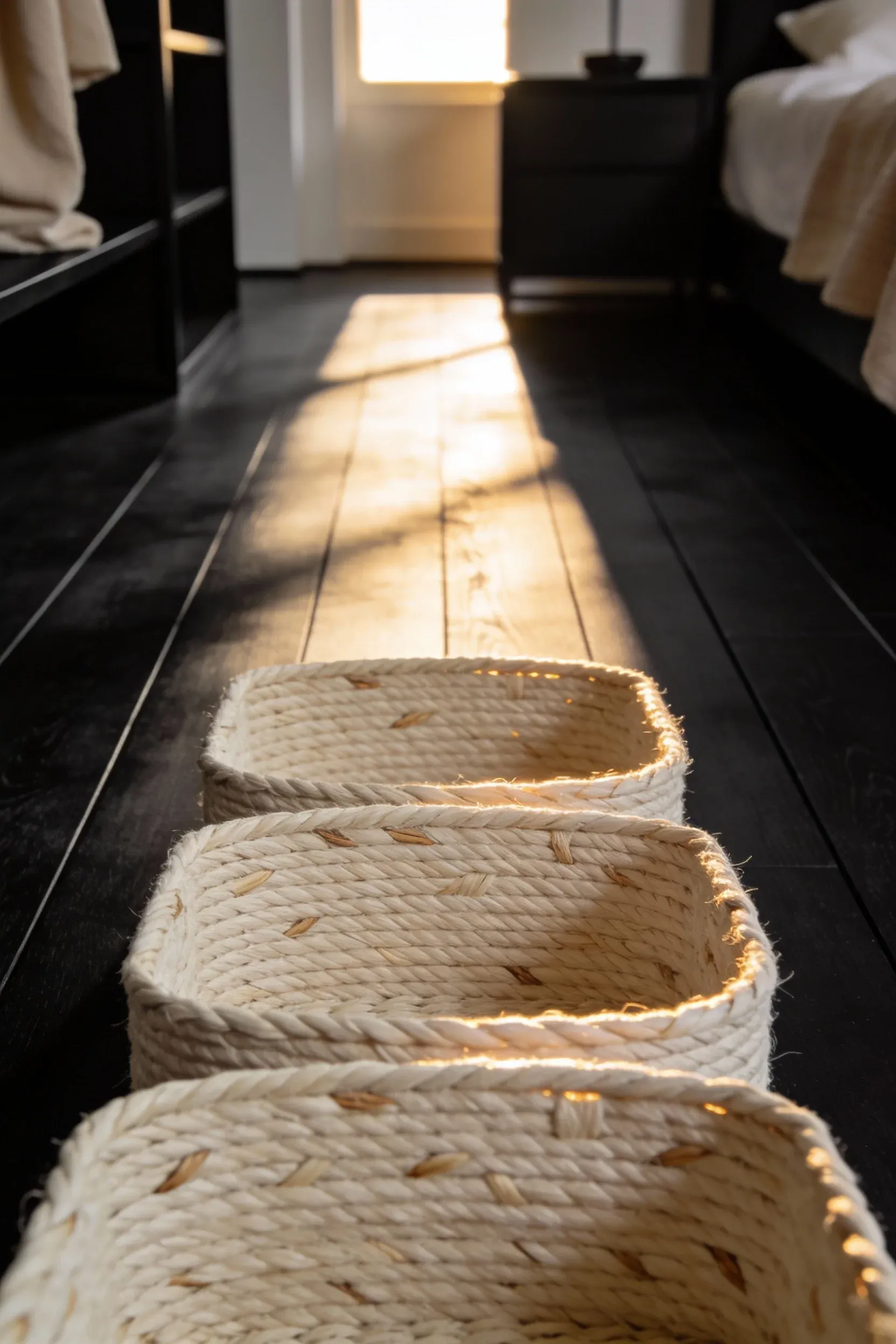 Beige woven storage baskets placed on dark wood flooring in a neutral bedroom.
