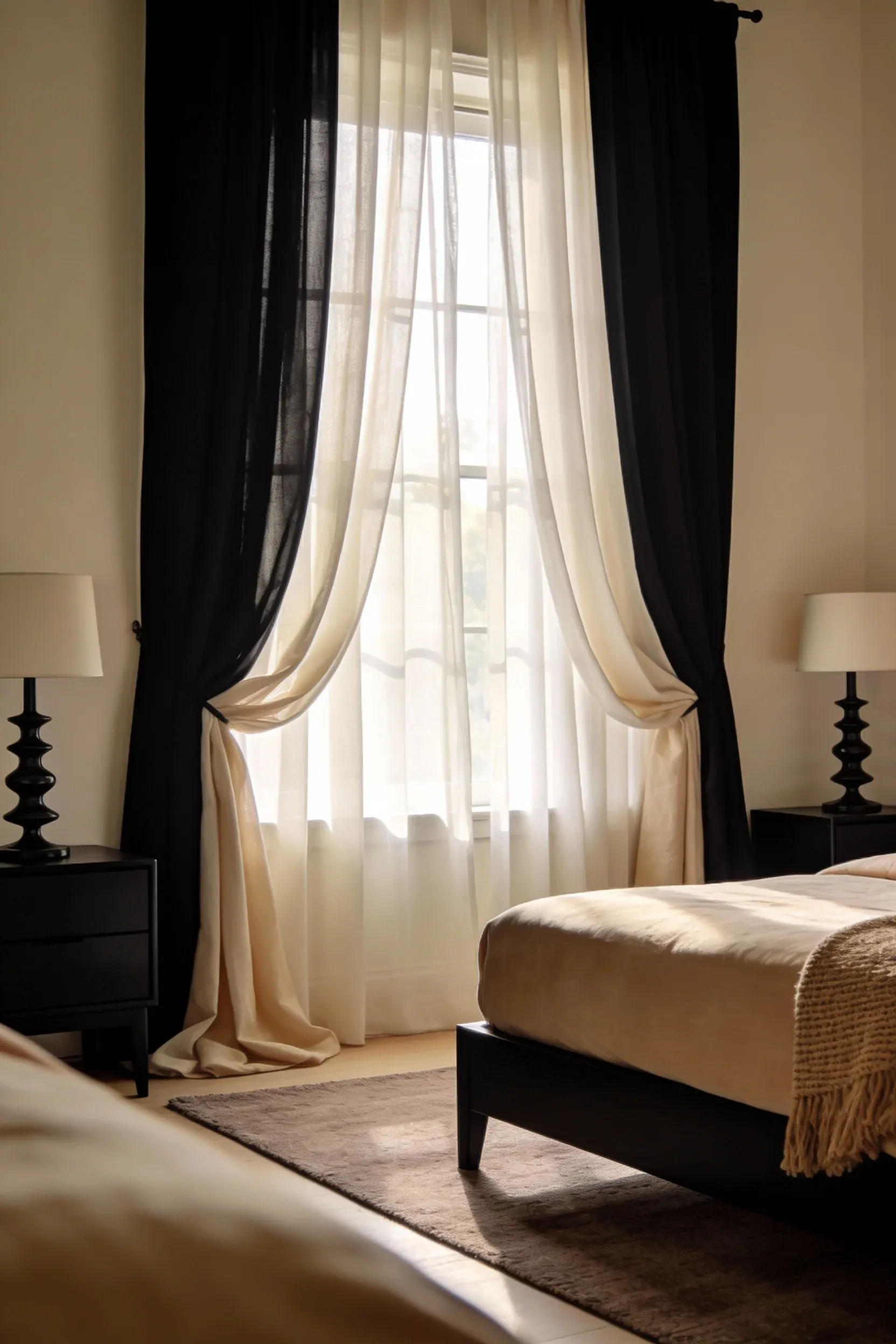 Modern black and beige bedroom with ivory sheer curtains layered under black blackout panels around a tall window.